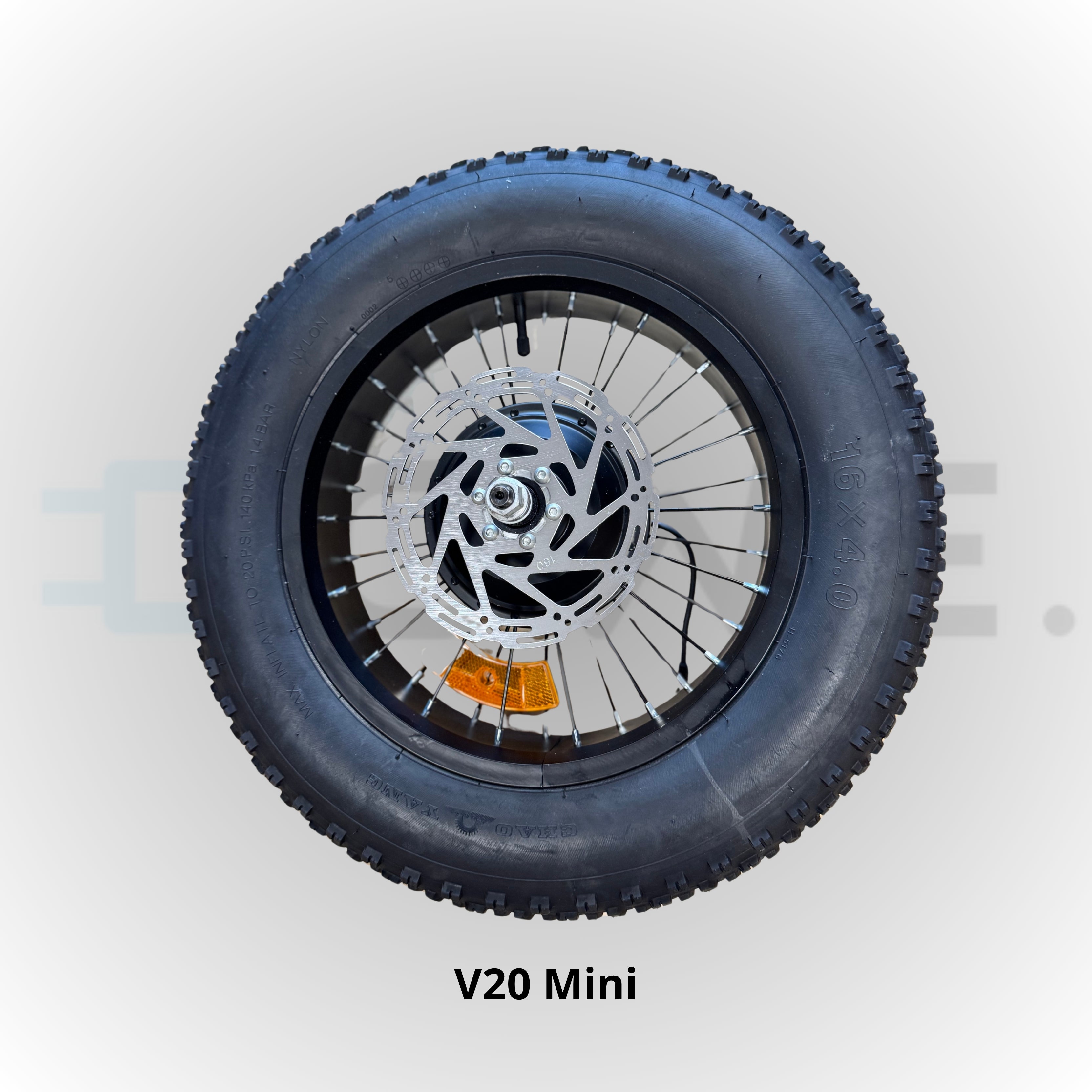 Achtervelg met spaken, band en remschijf voor QMWheel V20 Mini fatbike โ compleet 16x4.0 inch achterwiel