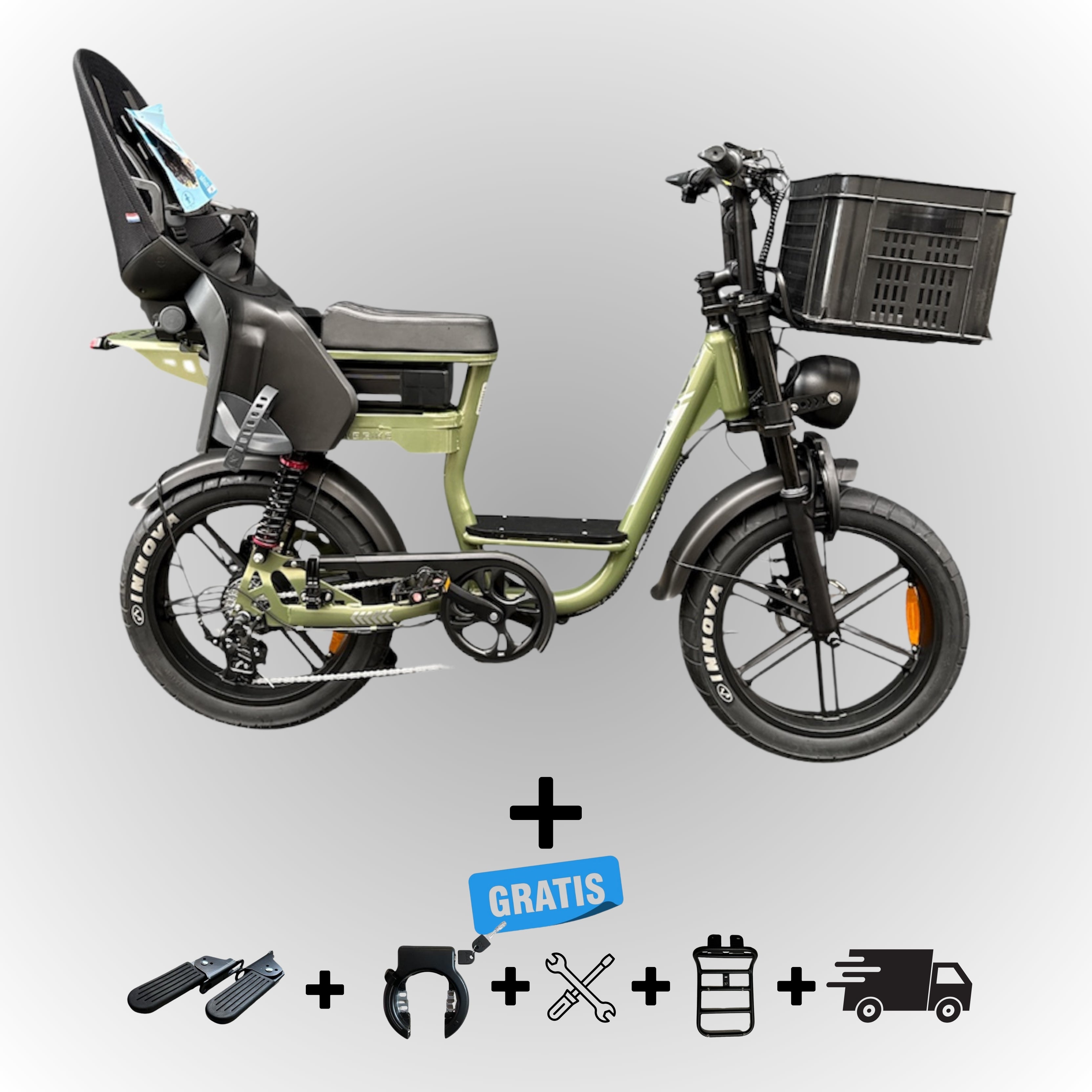 Elektrische fatbike 250W Dowe C28 met kinderzitje achter en voor-krat