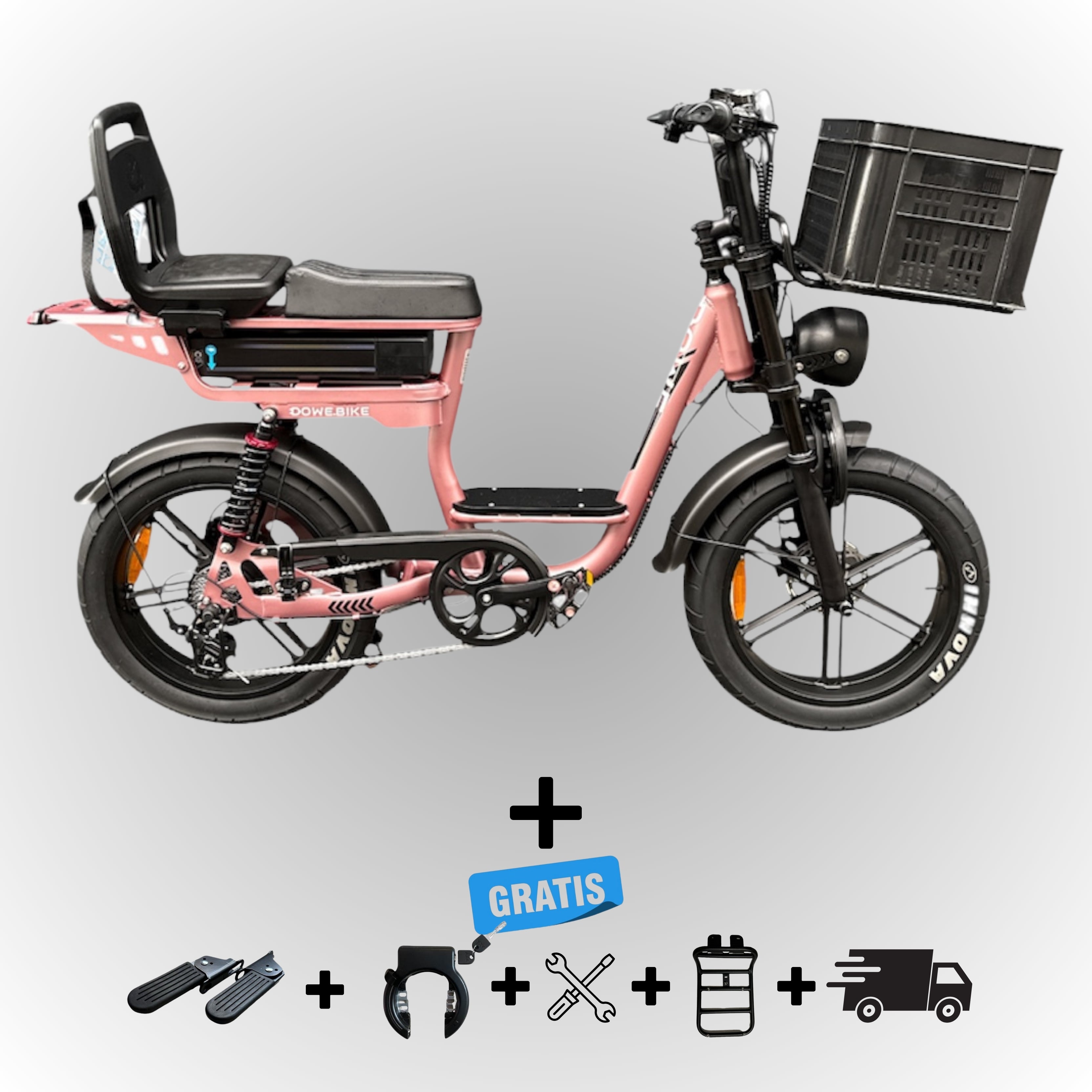 Elektrische fatbike 250W Dowe C28 met kinderzitje achter en voor-krat