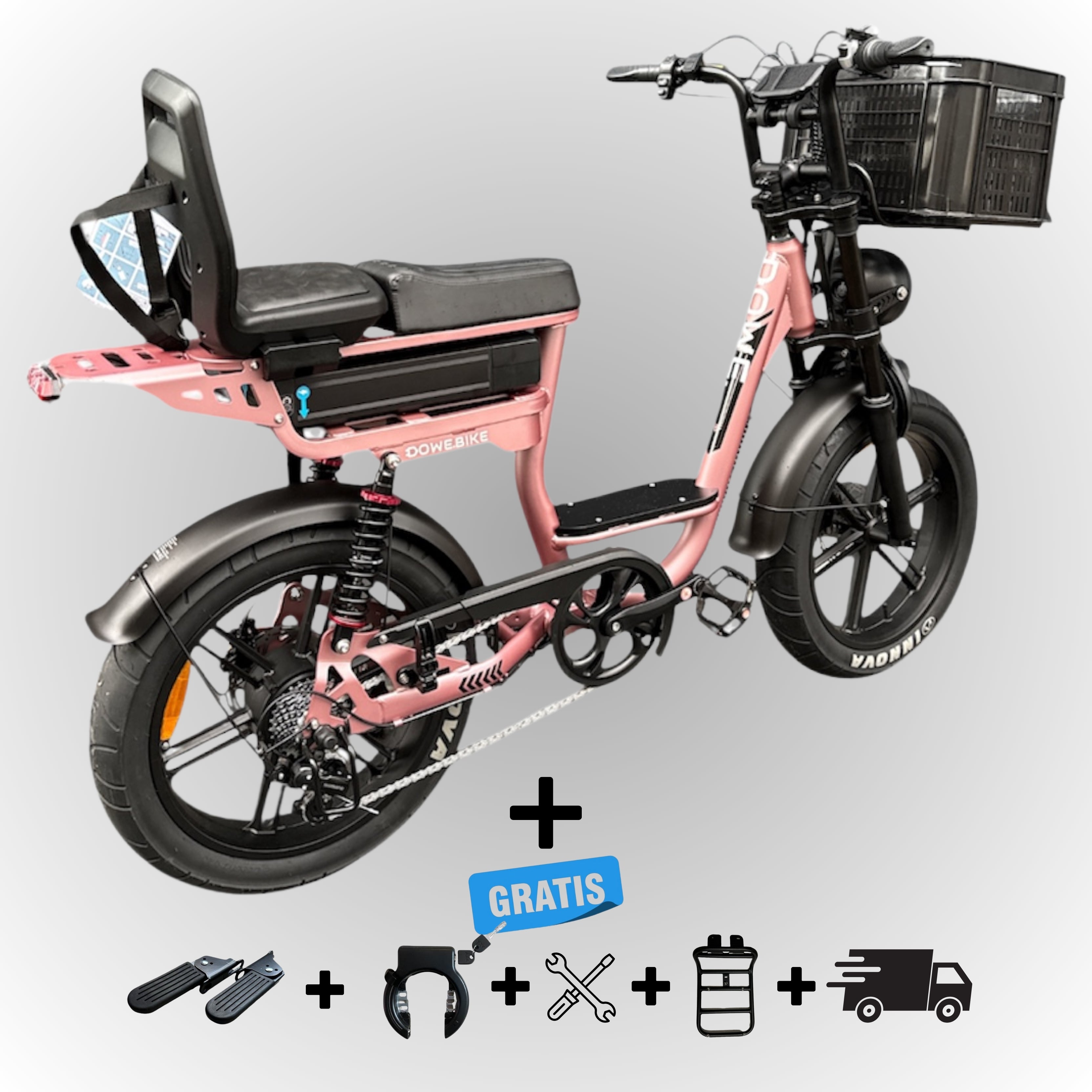 Elektrische fatbike 250W Dowe C28 met kinderzitje achter en voor-krat