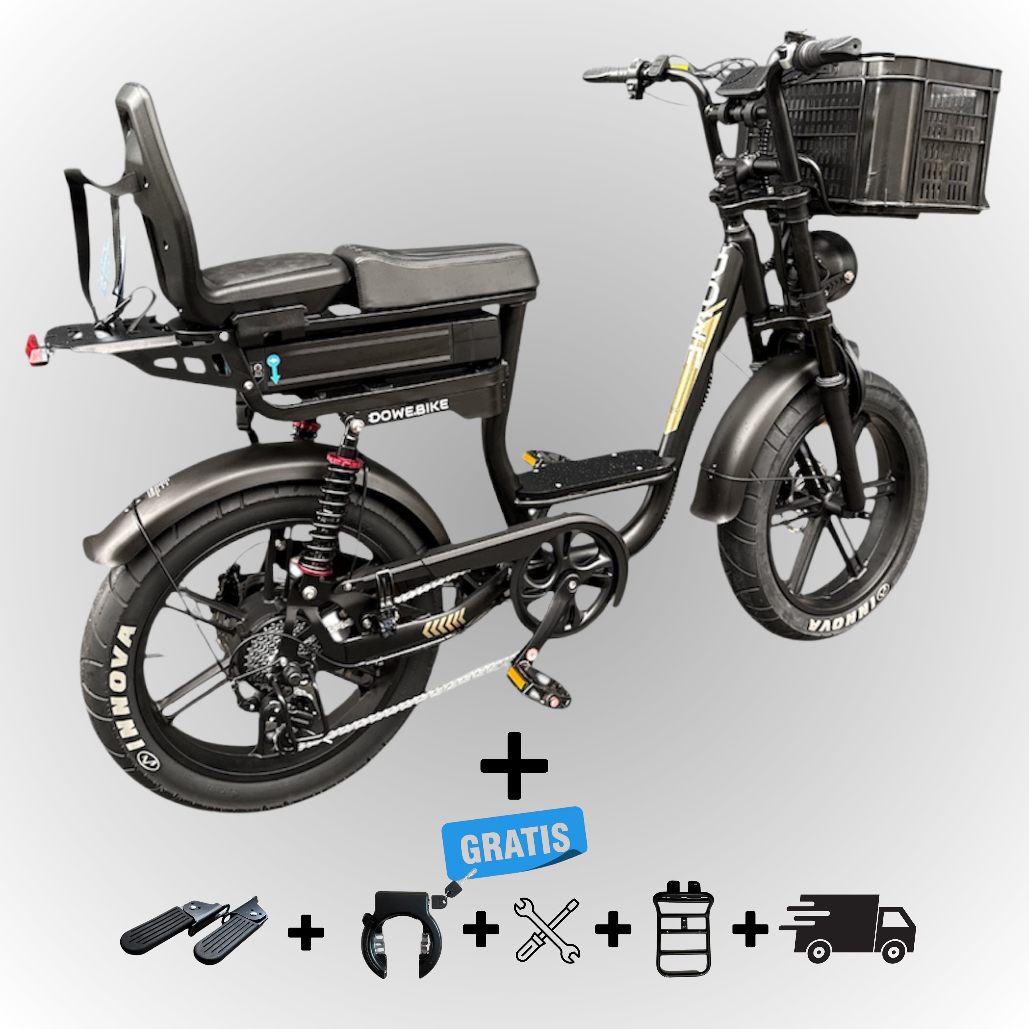 Elektrische fatbike 250W Dowe C28 met kinderzitje achter en voor-krat