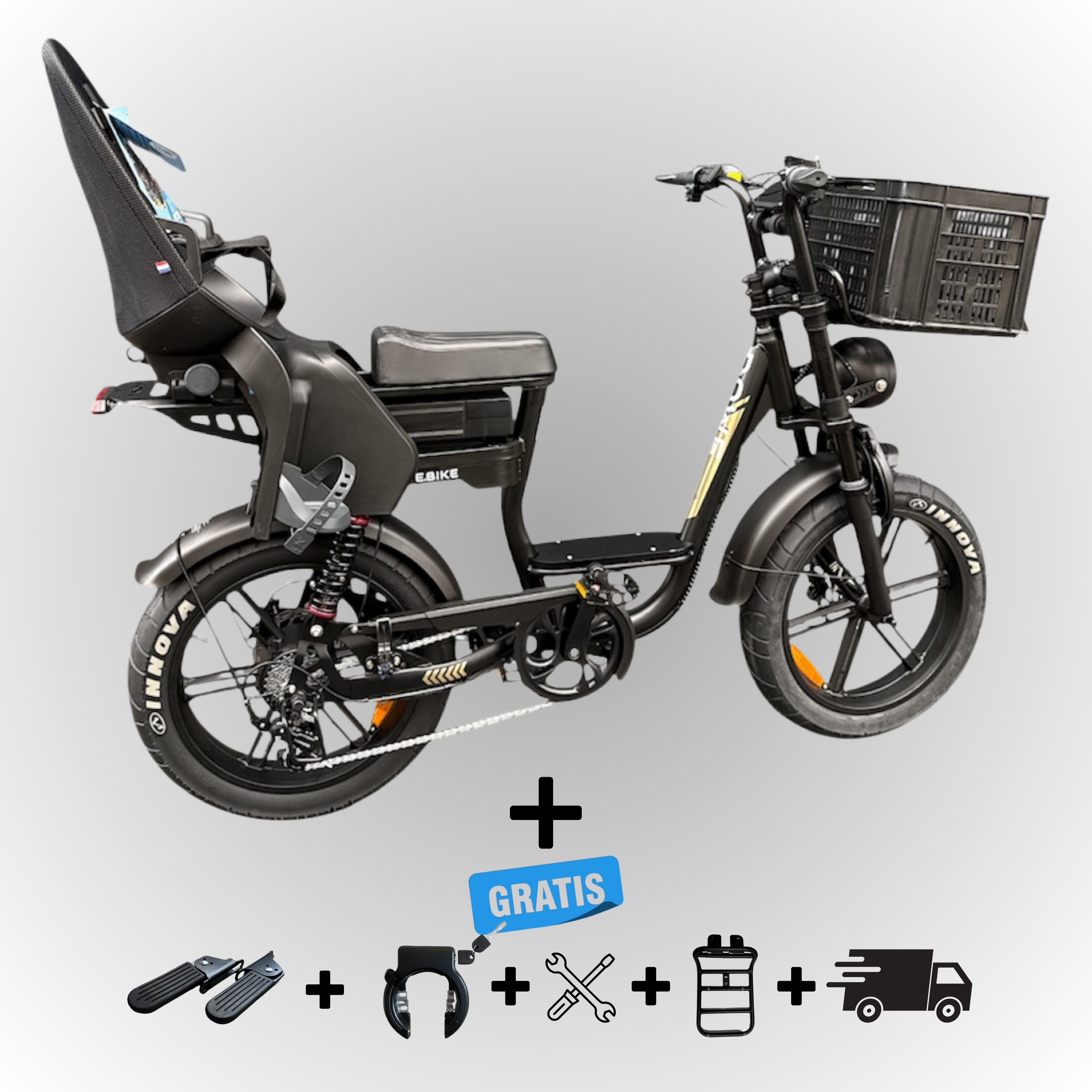 Elektrische fatbike 250W Dowe C28 met kinderzitje achter en voor-krat