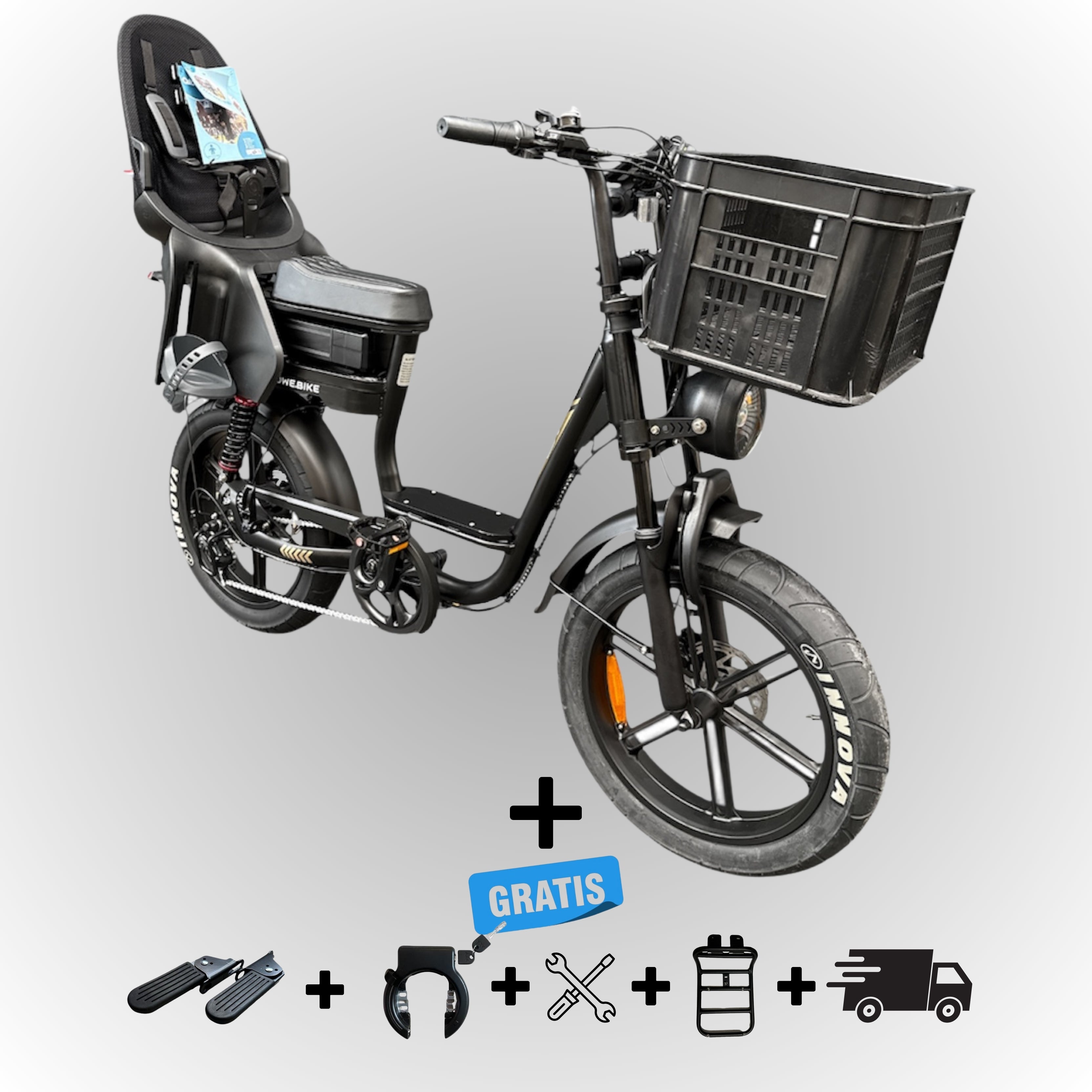 Elektrische fatbike 250W Dowe C28 met kinderzitje achter en voor-krat