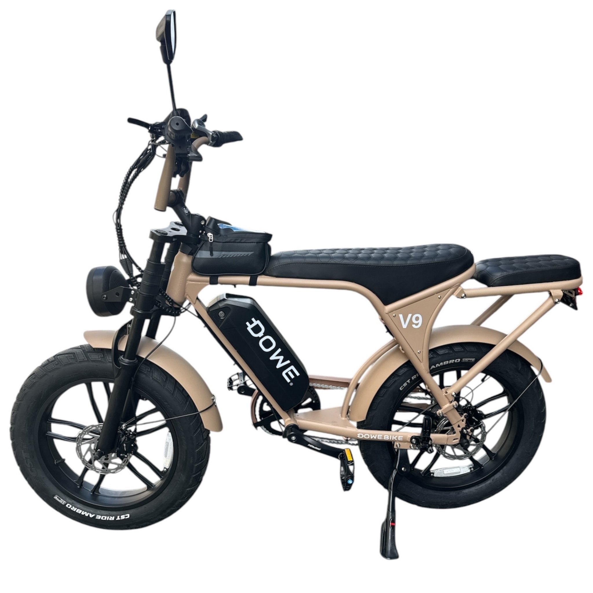 Dowe V9 Mokka vooraanzicht – exclusieve kleur, 20 inch fatbike banden en LED verlichting