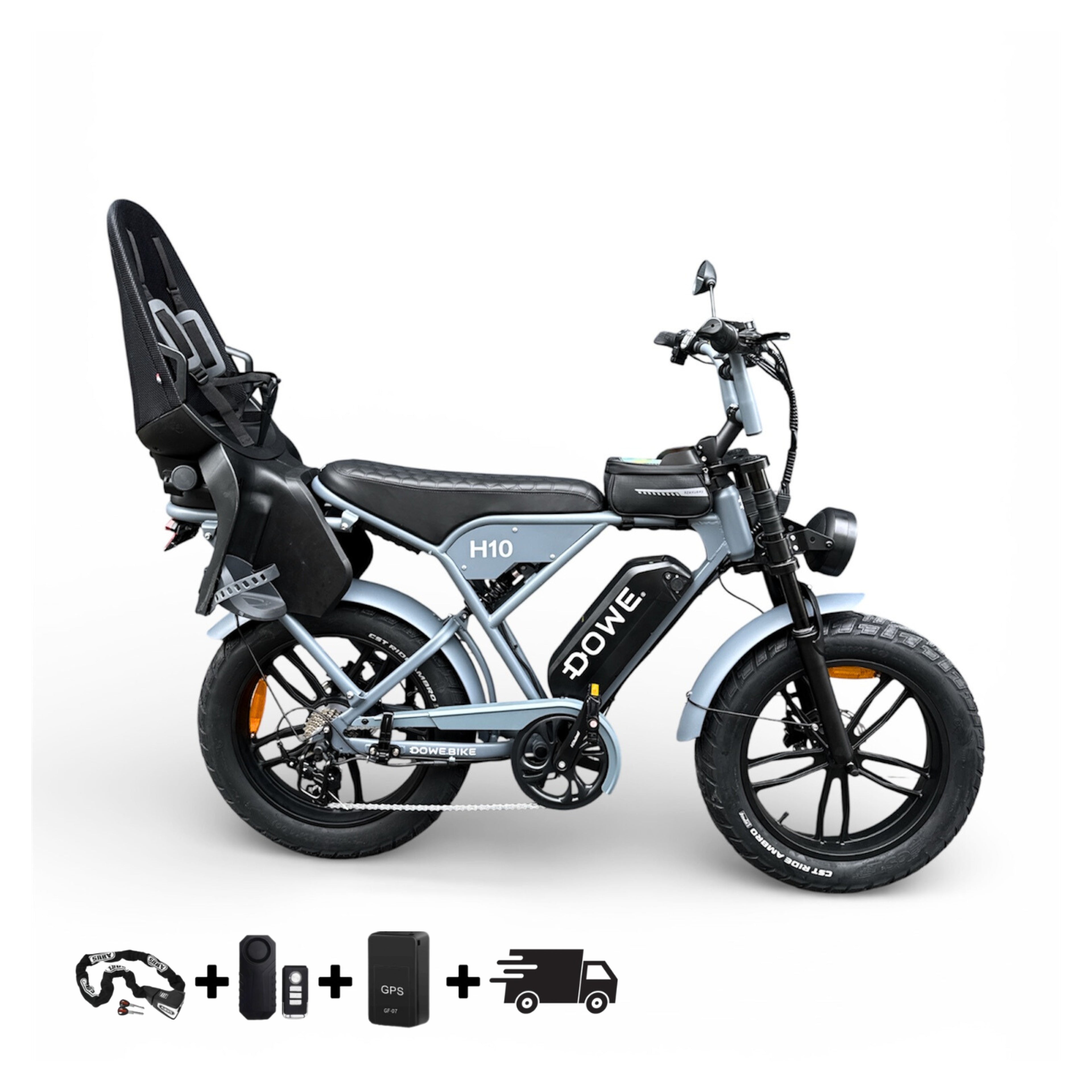 Elektrische Fatbike met Kinderzitje Achter tot 22kg- Dowe H10 Grijs | Family Fatbike