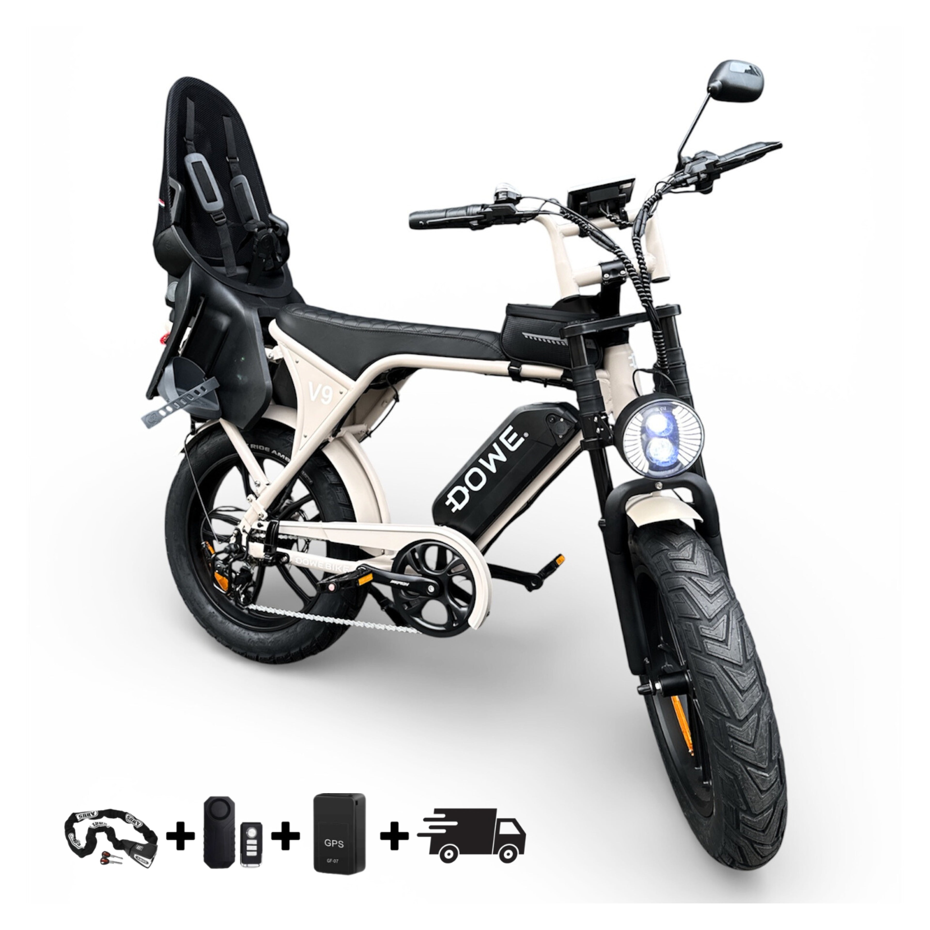 Dowe V9 Elektrische Fatbike met Kinderzitje Achter | Beige Fatbike | Family Fatbike (tot 6 jaar / 22 kg)