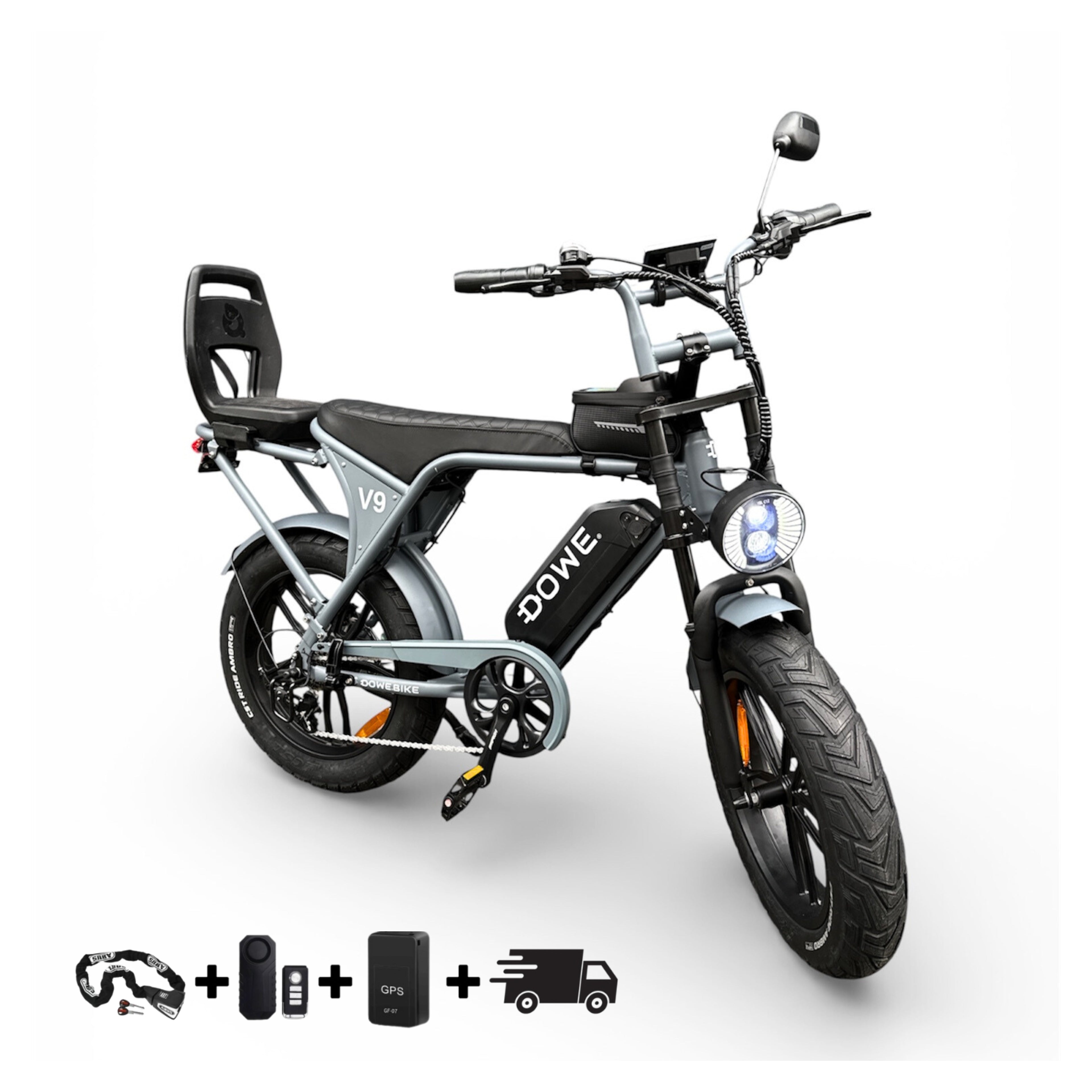 Dowe V9 Elektrische Fatbike met Kinderzitje | Junior 6+ | V9 Fatbike Grijs | Veilig & Krachtig