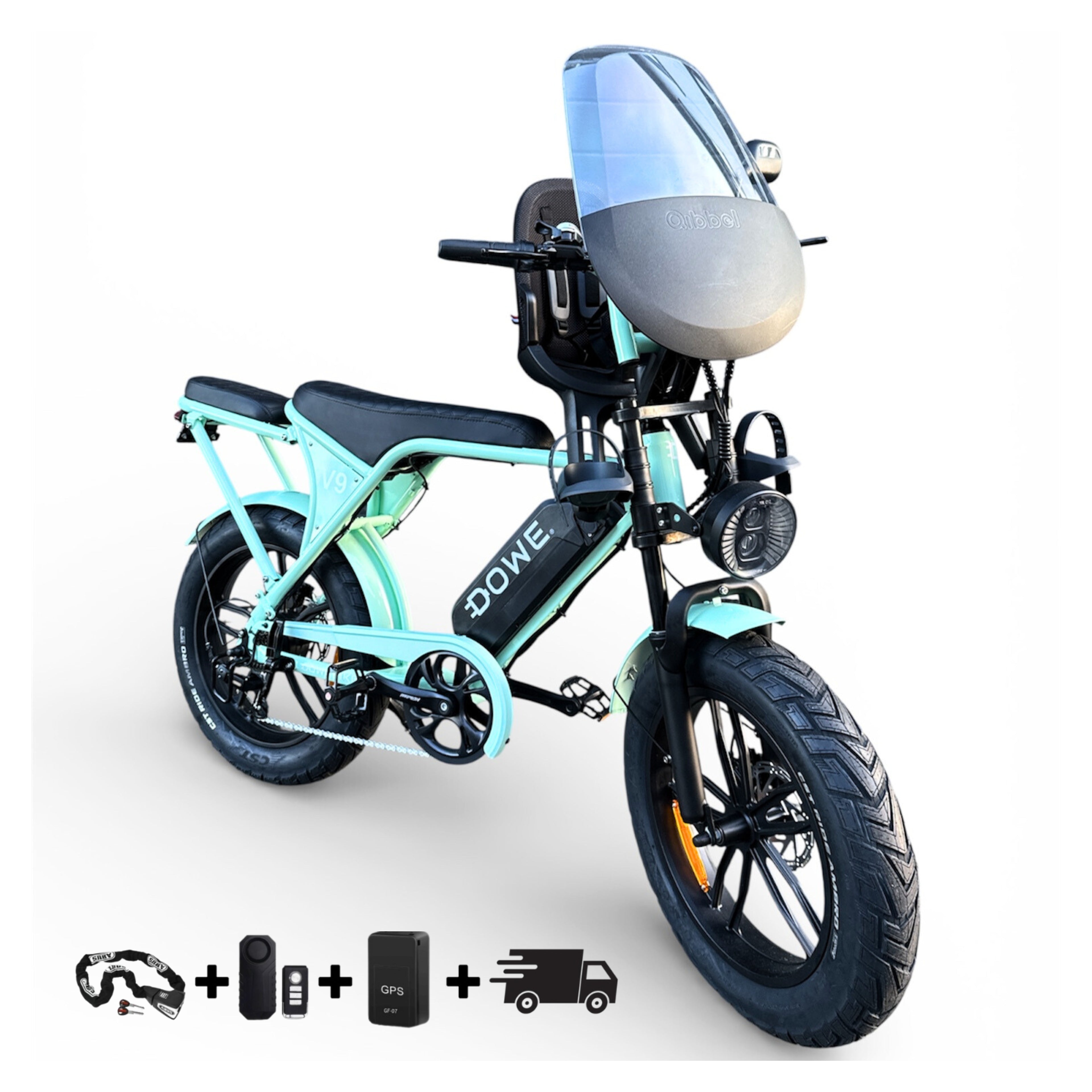 Elektrische Fatbike 250W met Kinderzite + Krat – Dowe V9 Mint Groen - 17.5Ah Accu – Luxe Uitvoering