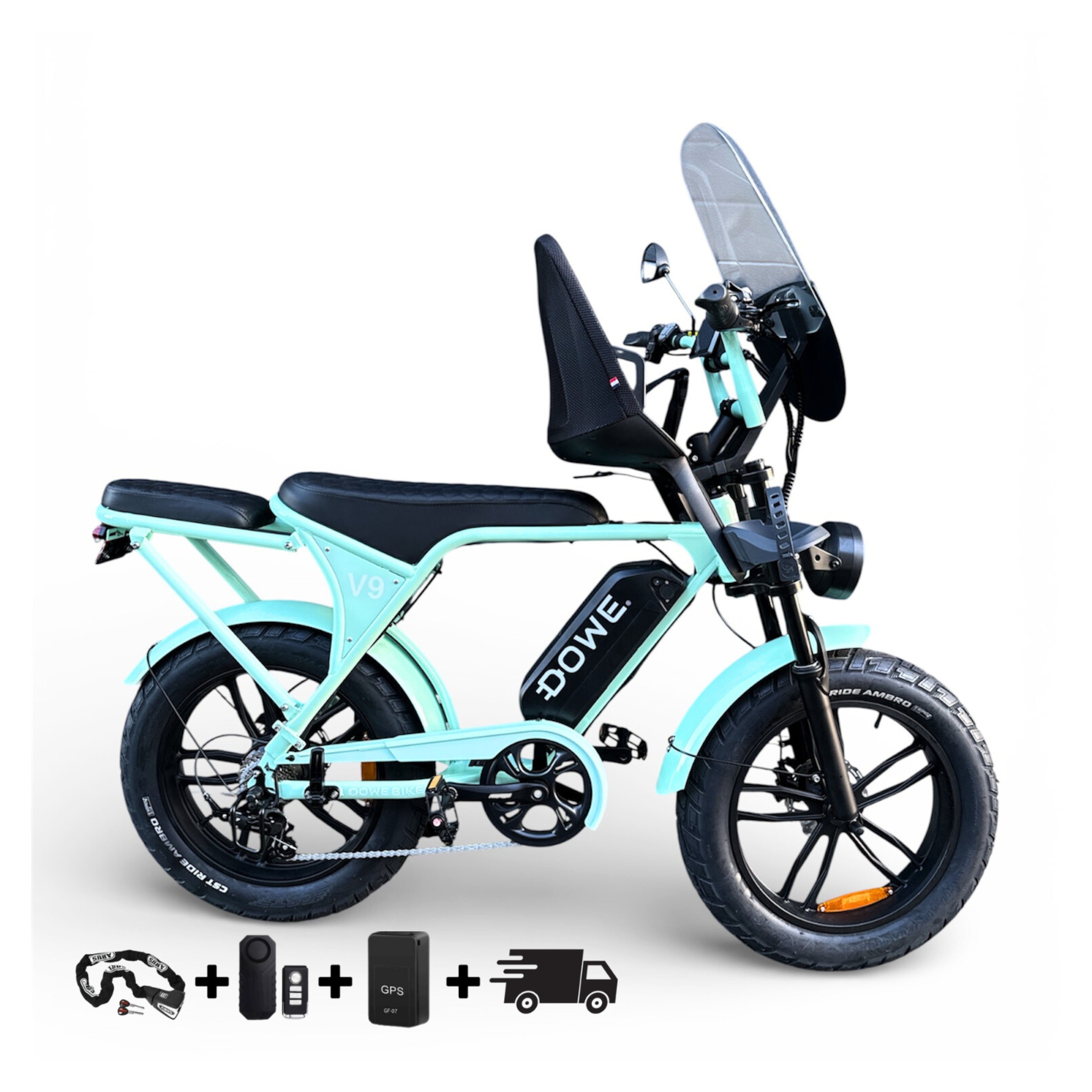Elektrische Fatbike 250W met Kinderzite + Krat – Dowe V9 Mint Groen - 17.5Ah Accu – Luxe Uitvoering
