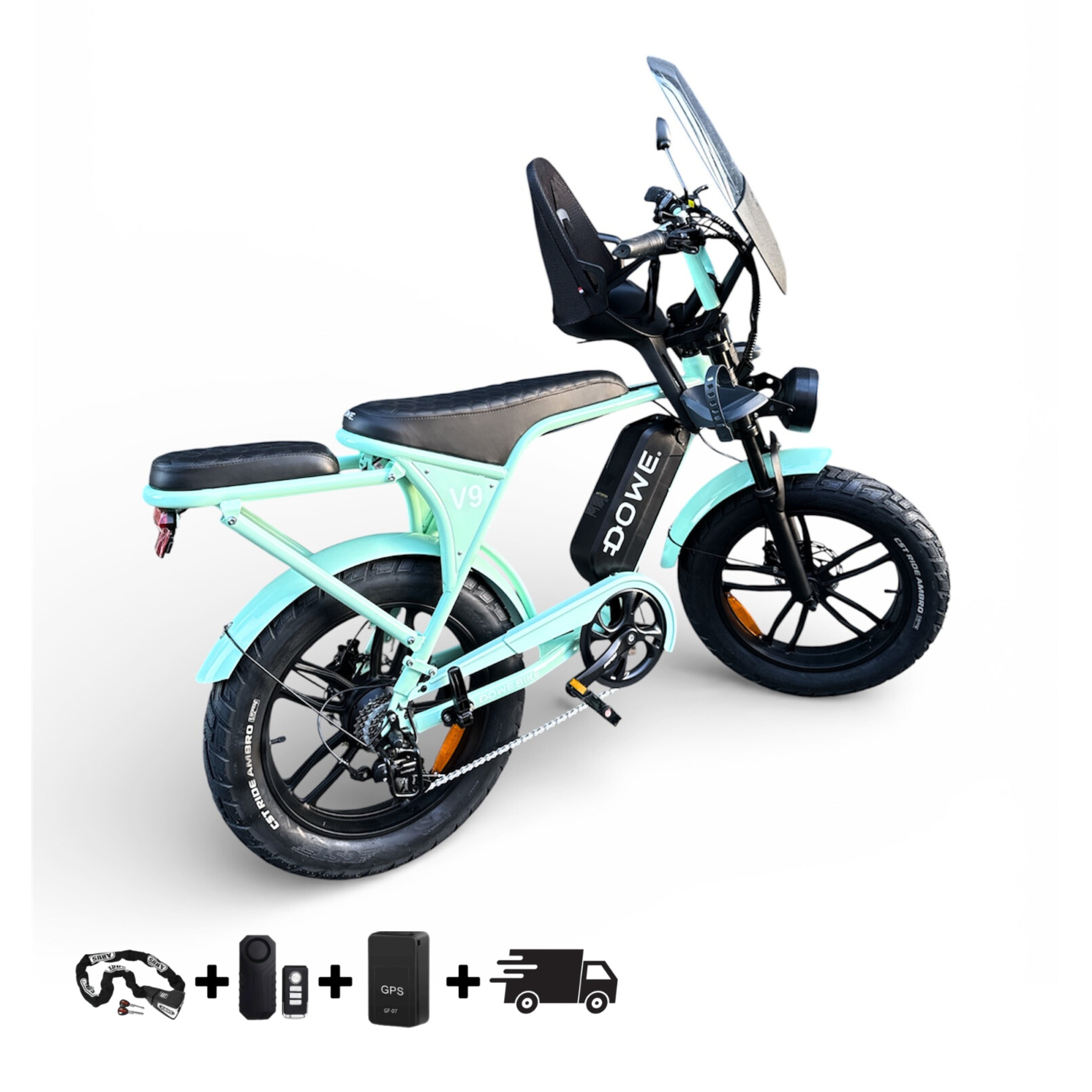 Elektrische Fatbike 250W met Kinderzite + Krat – Dowe V9 Mint Groen - 17.5Ah Accu – Luxe Uitvoering