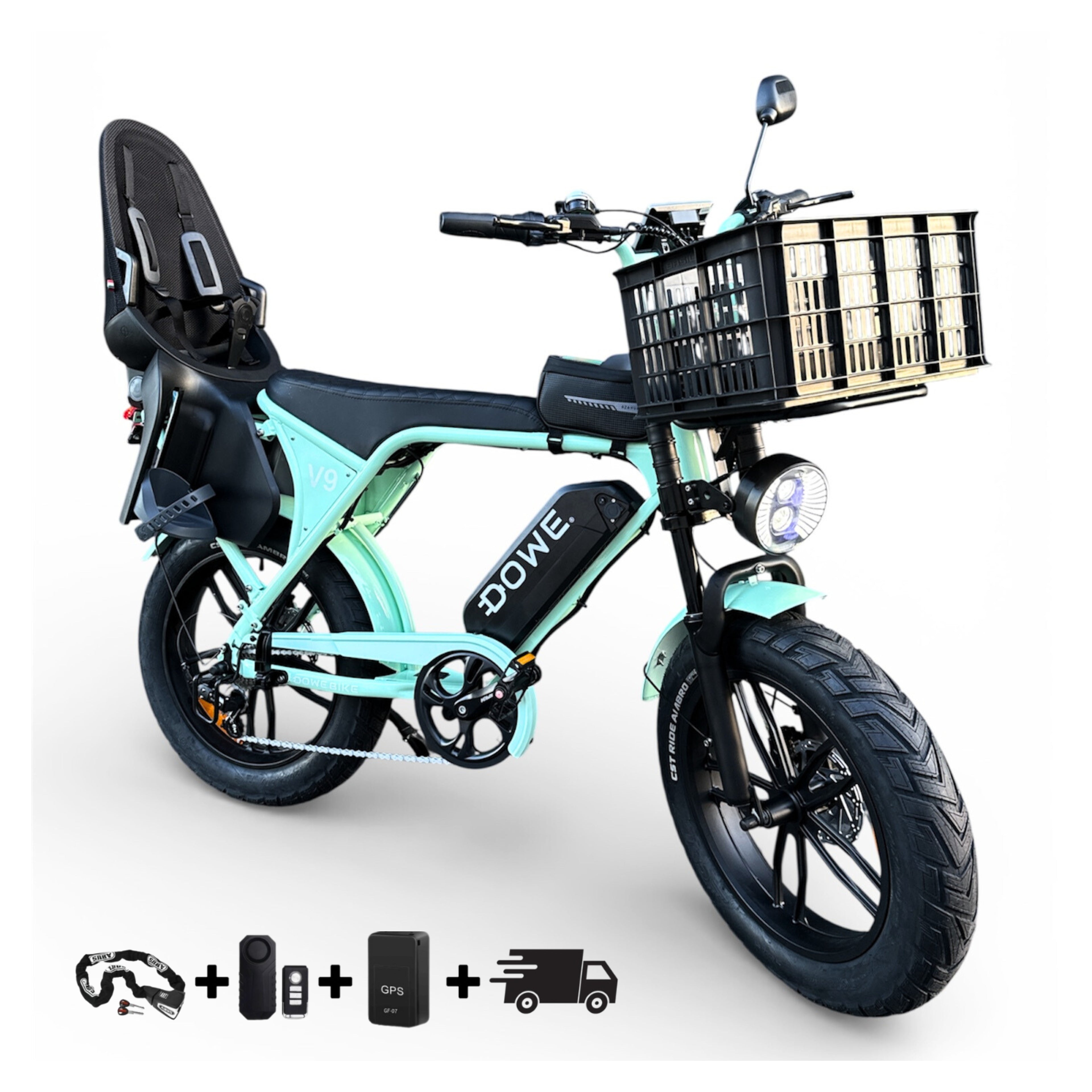 Elektrische Fatbike 250W met Kinderzitje + Krat – Dowe V9 Mint Groen - 17.5Ah Accu – Luxe Uitvoering