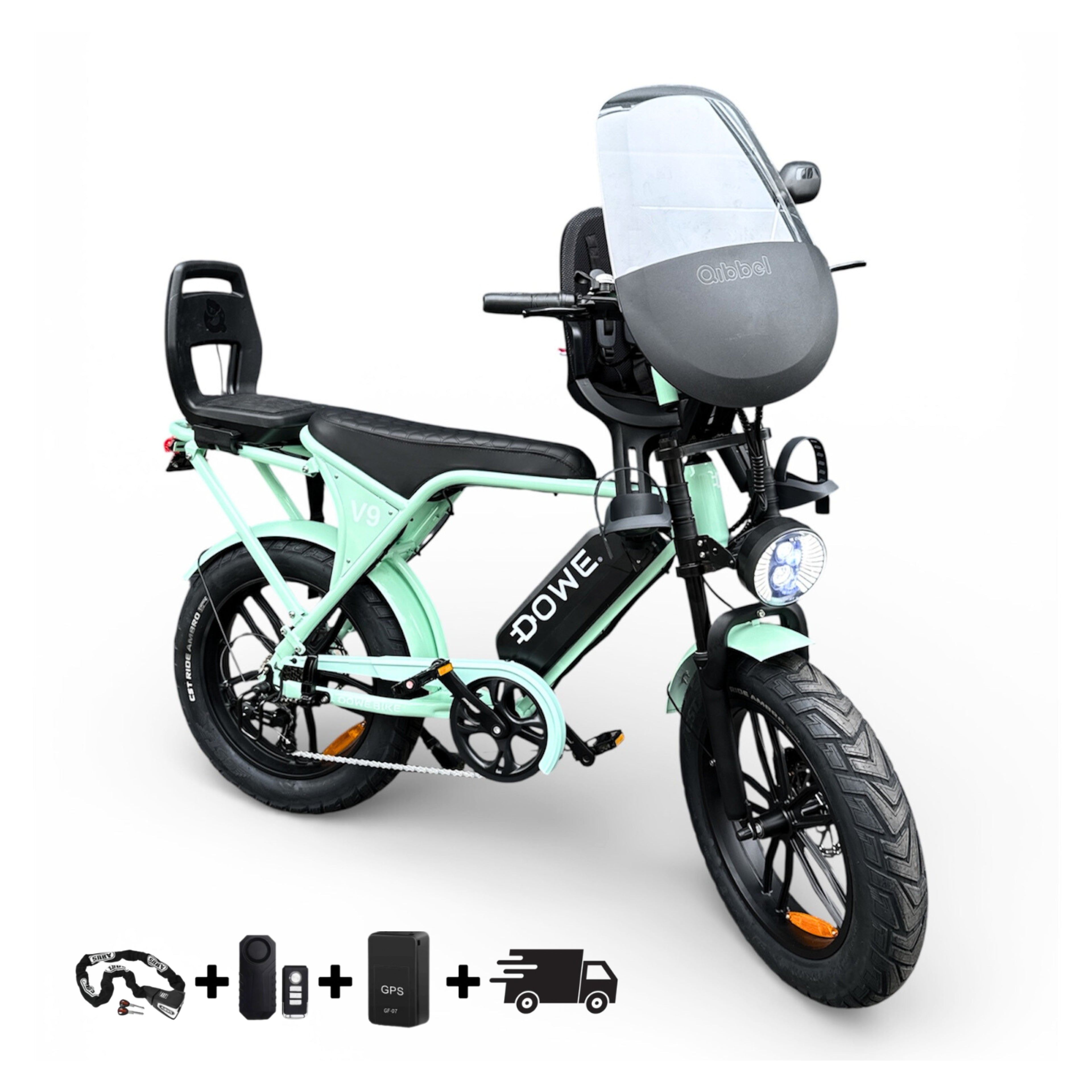 Elektrische Fatbike met Kinderzitjes - Dowe V9 Mint Groen | Maximaal Uitgerust + Gratis Extra’s!