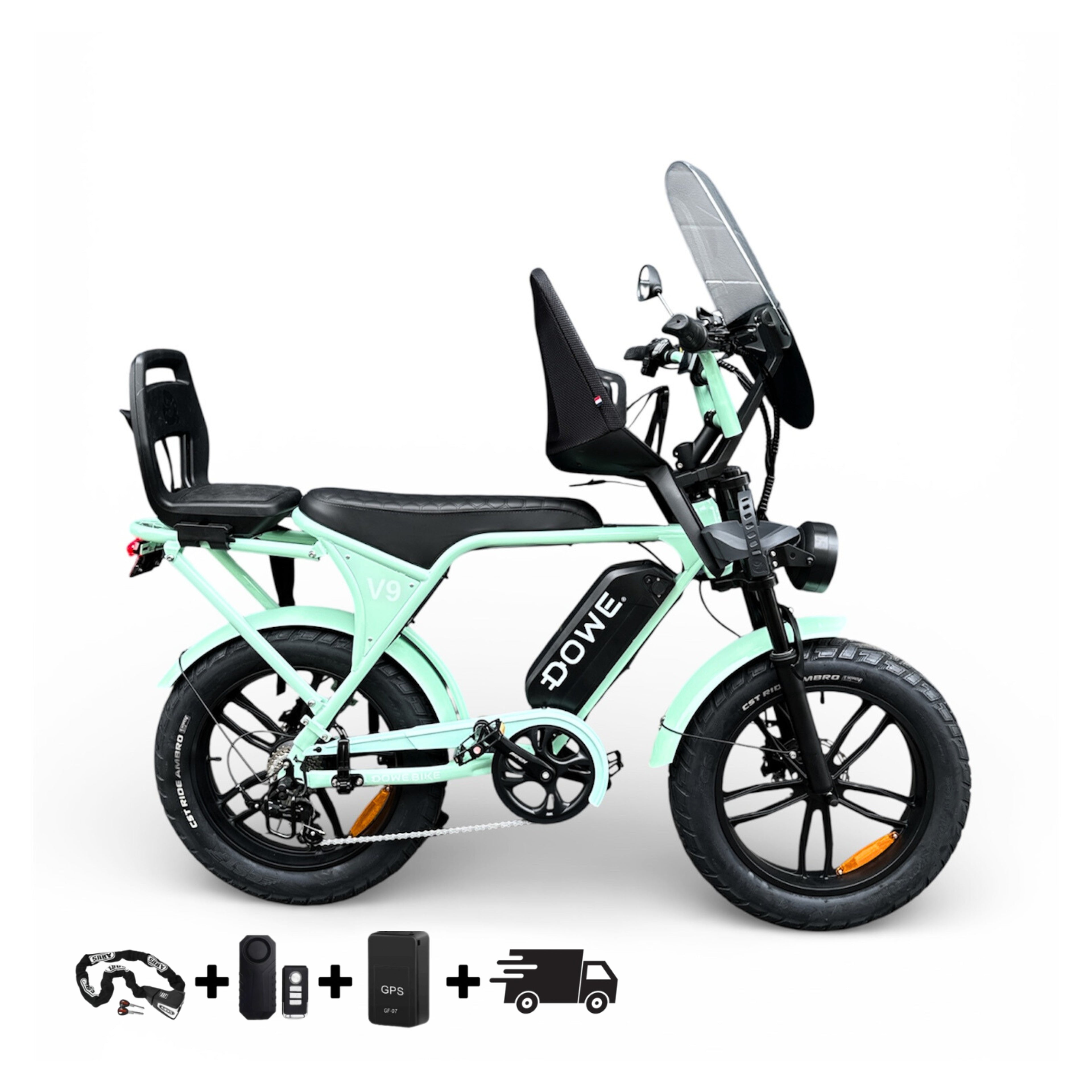 Elektrische Fatbike met Kinderzitjes - Dowe V9 Mint Groen | Maximaal Uitgerust + Gratis Extra’s!