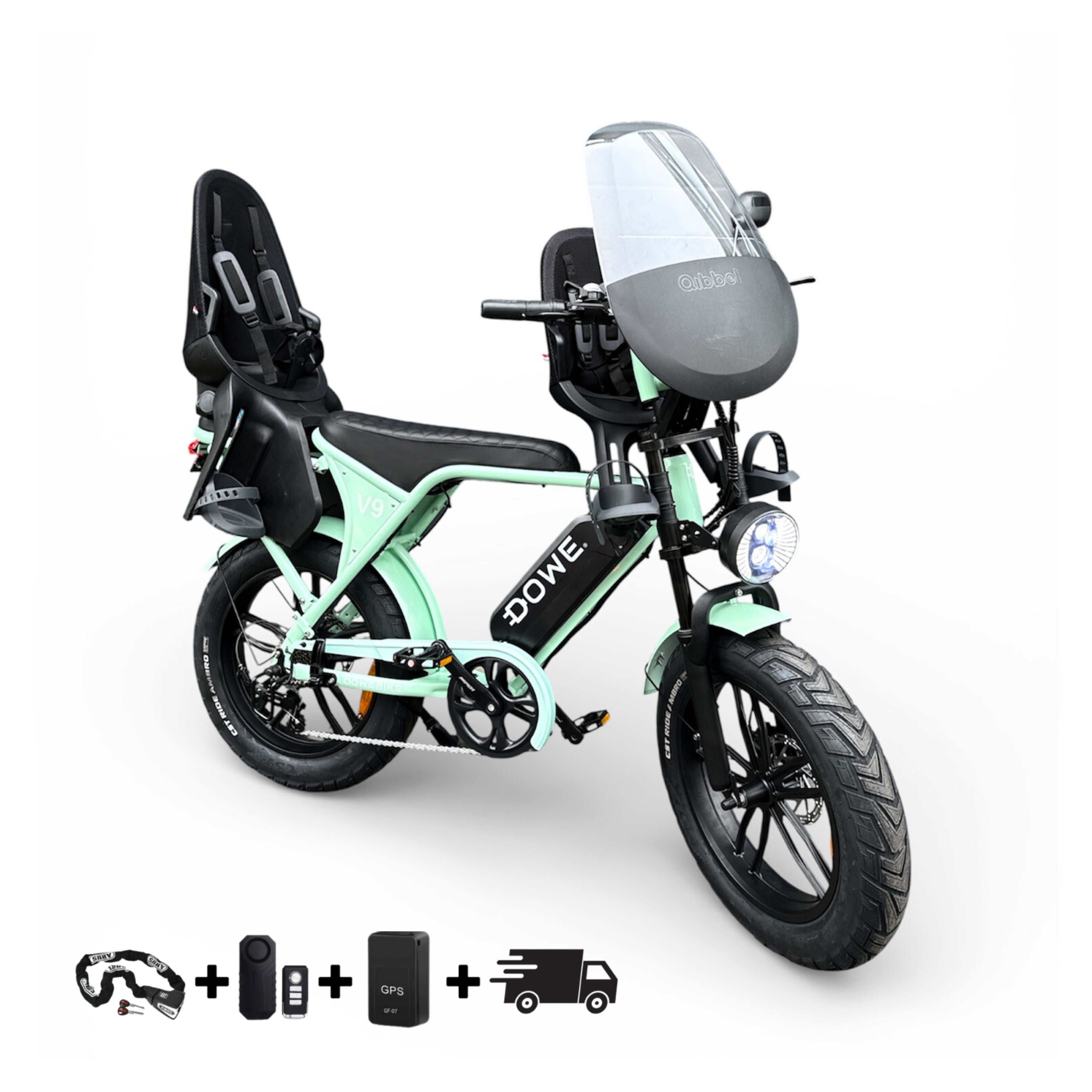 Dowe V9 Elektrische Fatbike met Kinderzitjes - Dowe V9 Mint Groen | Family Fatbike