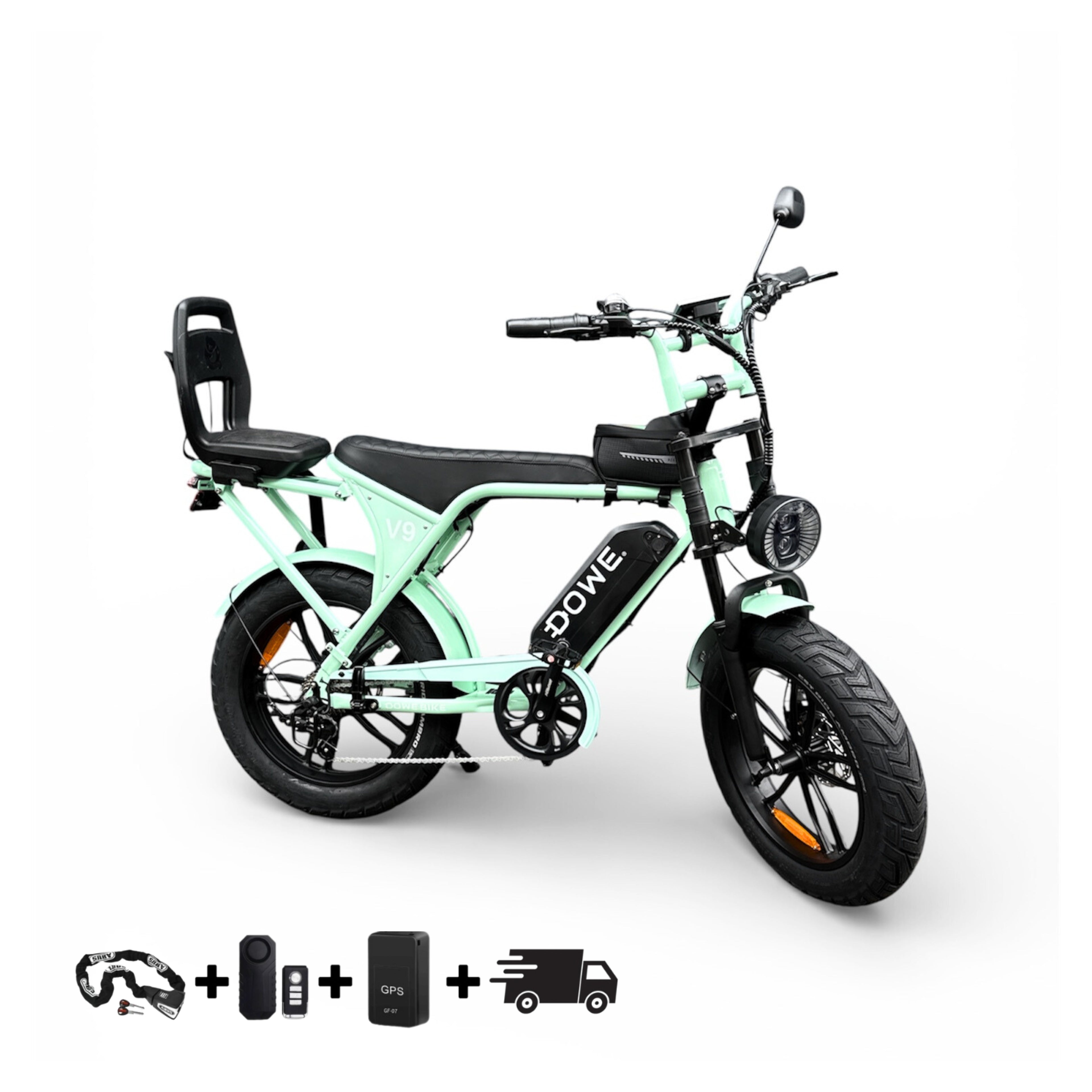Elektrische Fatbike 250W met Kinderzite | Dowe V9 Mint Groen | Junior 6+ | 17.5Ah Accu | Luxe Uitvoering