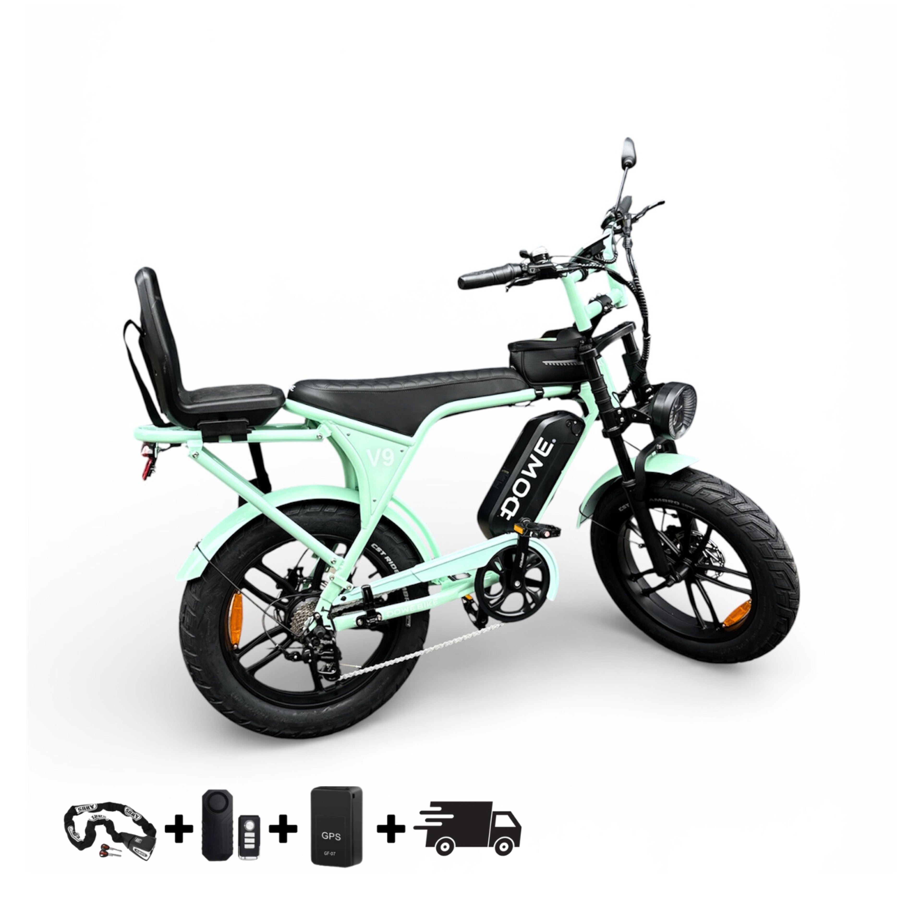 Elektrische Fatbike 250W met Kinderzite | Dowe V9 Mint Groen | Junior 6+ | 17.5Ah Accu | Luxe Uitvoering