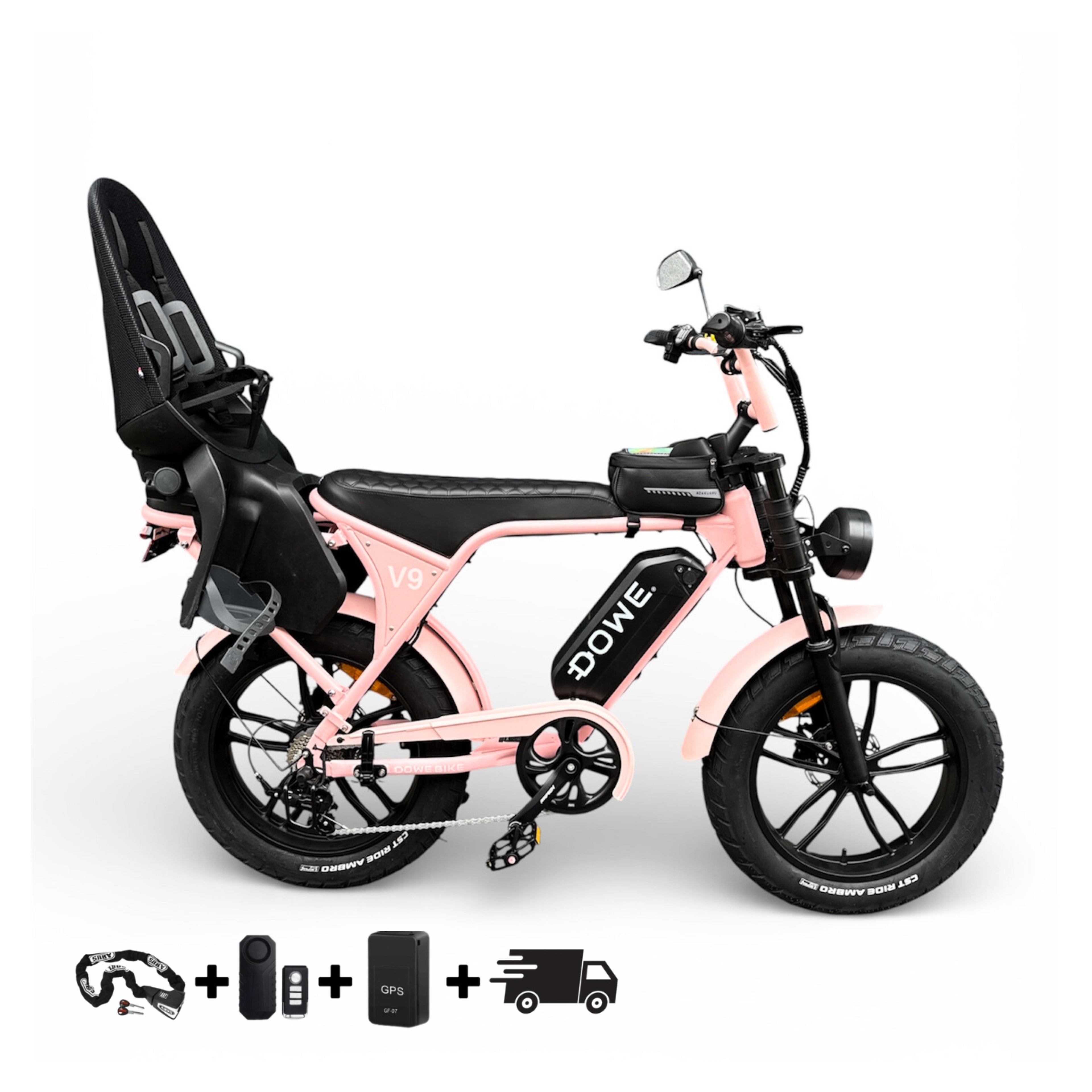 Dowe V9 Elektrische Fatbike met Kinderzitje Achter | Roze Fatbike| Family Fatbike