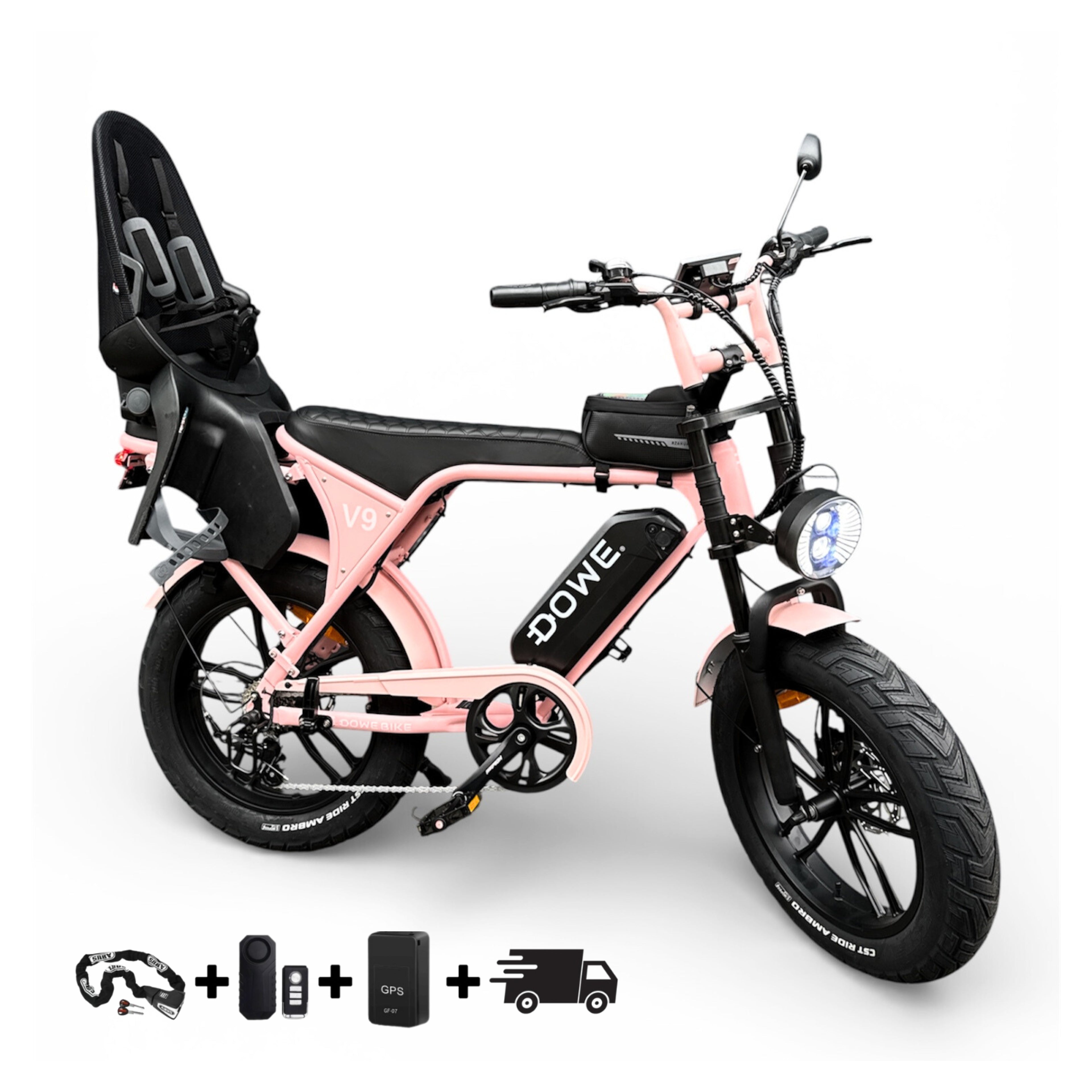 Dowe V9 Elektrische Fatbike met Kinderzitje Achter | Roze Fatbike| Family Fatbike