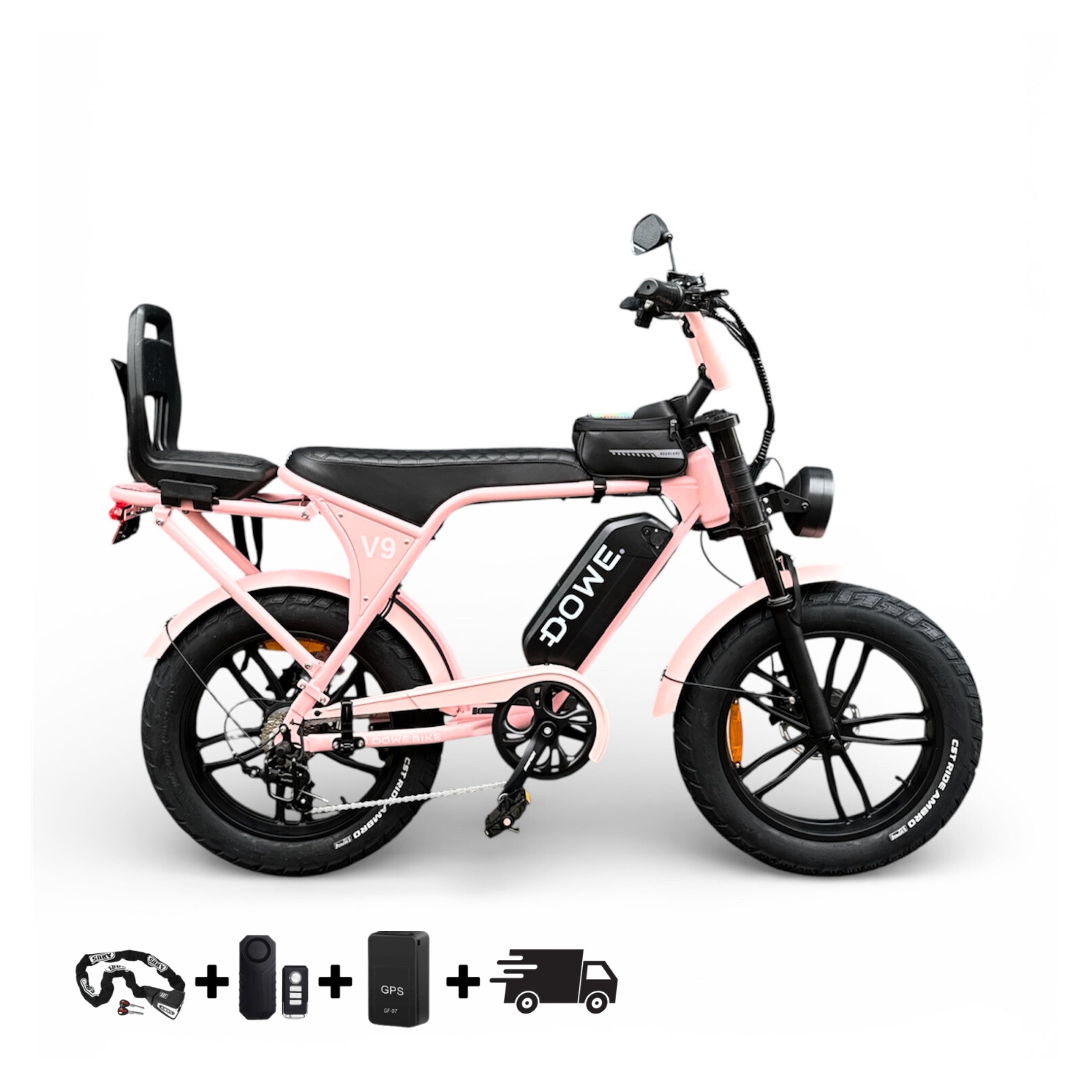 Dowe V9 Elektrische Fatbike met Kinderzitje – Junior 6+ | Roze Fatbike | Veilig & Krachtig
