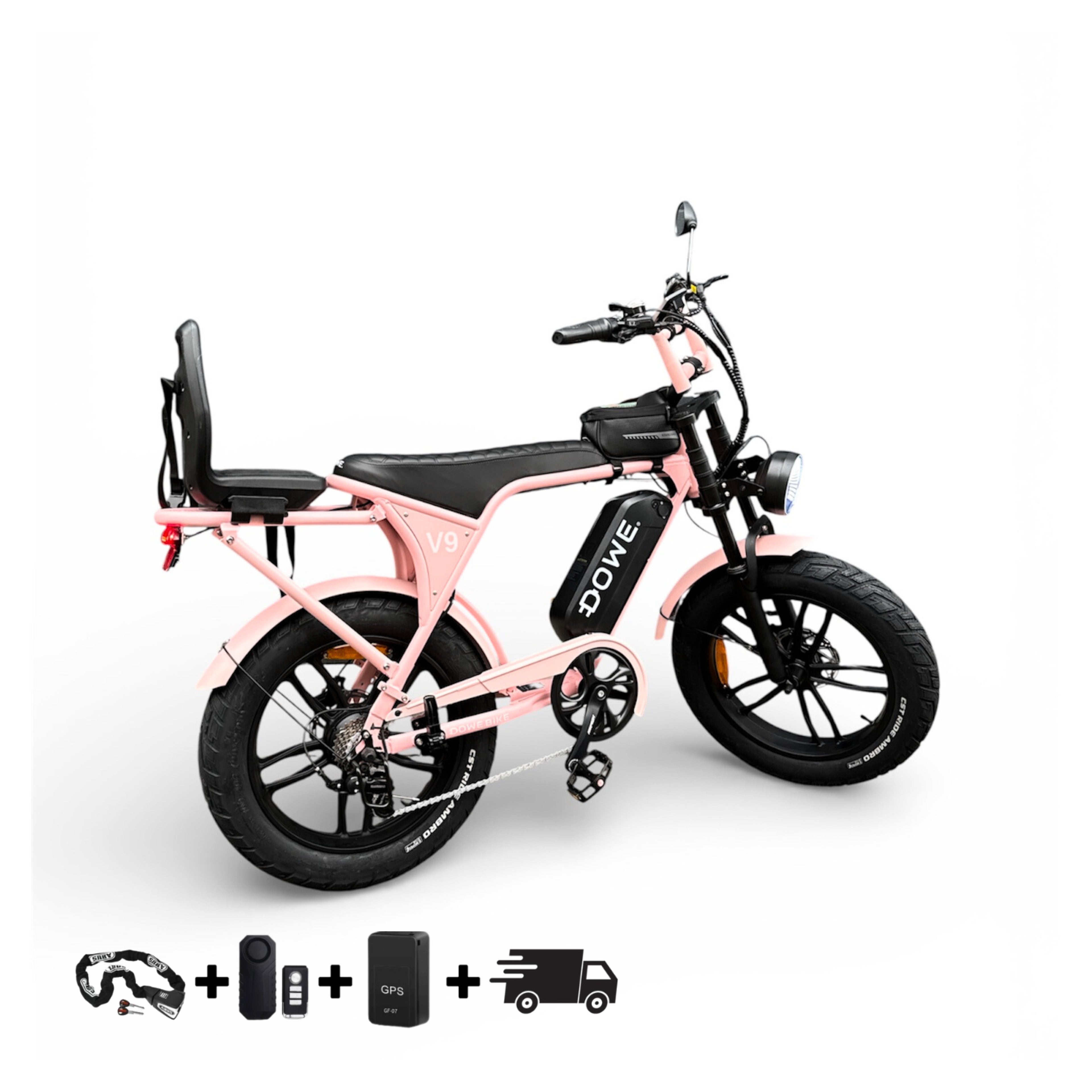 Dowe V9 Elektrische Fatbike met Kinderzitje – Junior 6+ | Roze Fatbike | Veilig & Krachtig