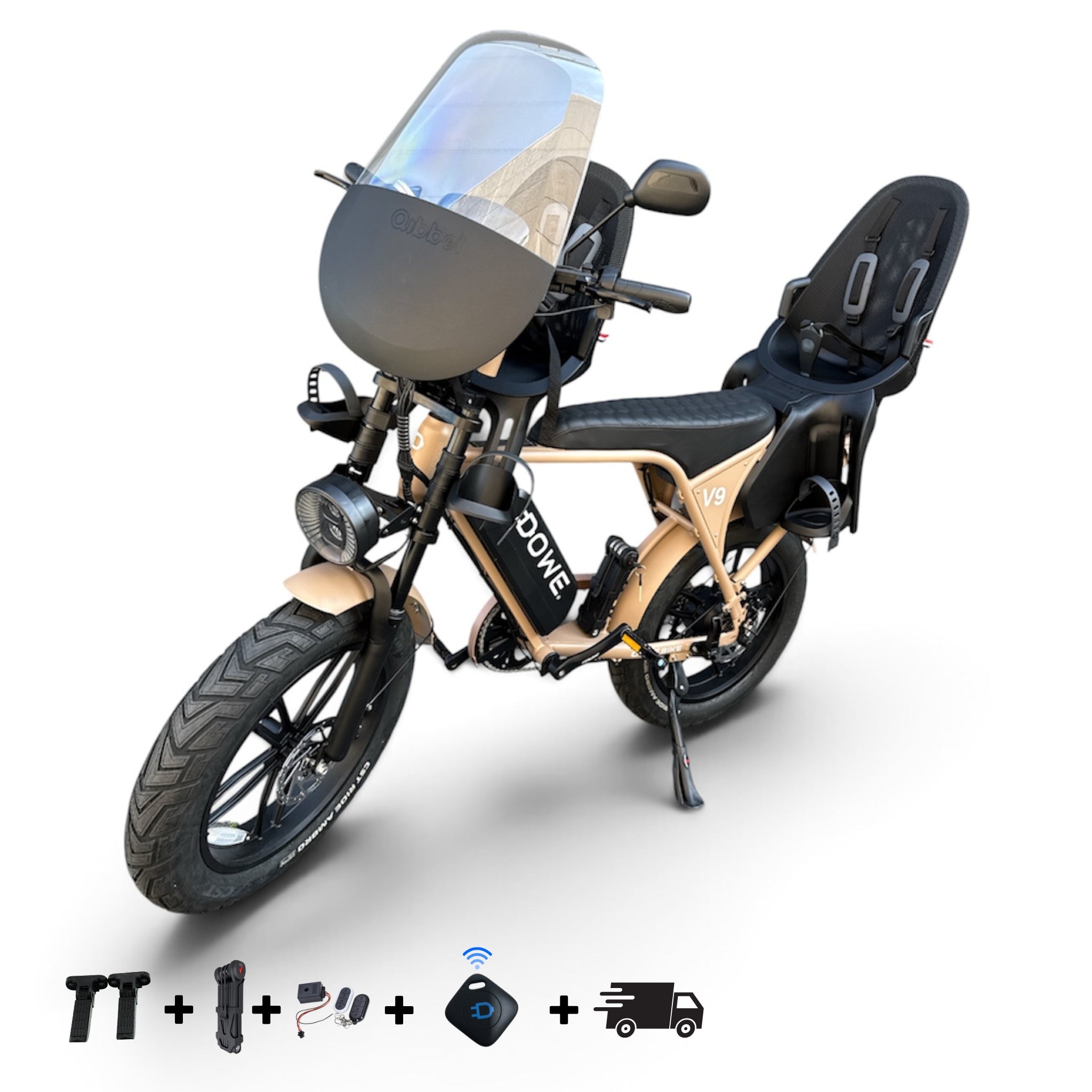 Dowe V9 Elektrische Fatbike met Kinderzitje voor & Achter - Mokka | Family Fatbike tot 6 jaar (22 kg)