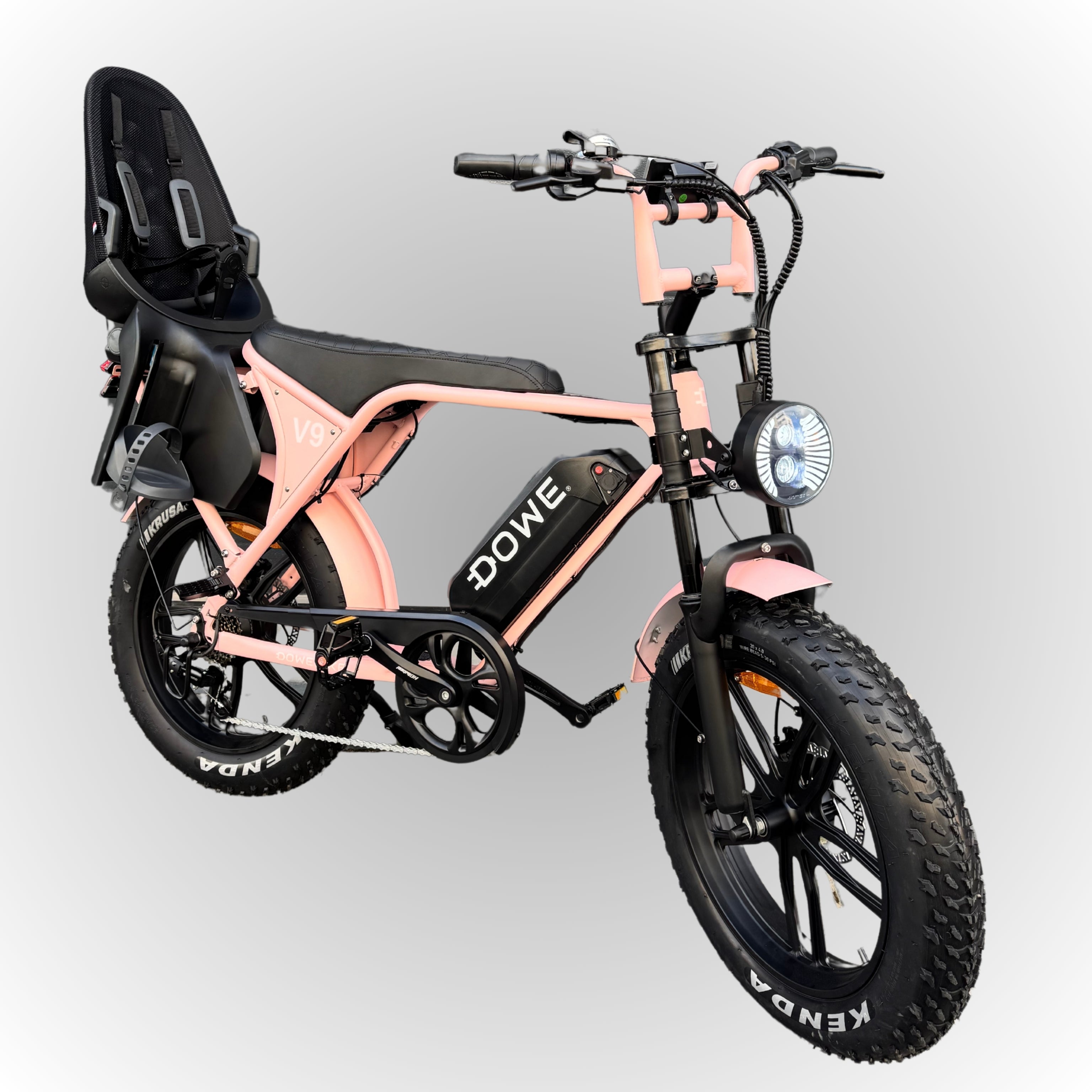 Elektrische fatbike 250W Dowe V9 roze met kinderzitje achter
