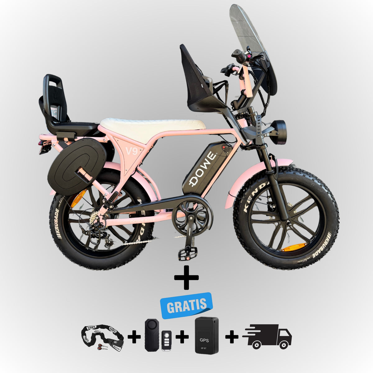 Dowe V9 Elektrische Fatbike met Kinderzitjes - Roze | Maximaal Uitgerust + Gratis Extra's!