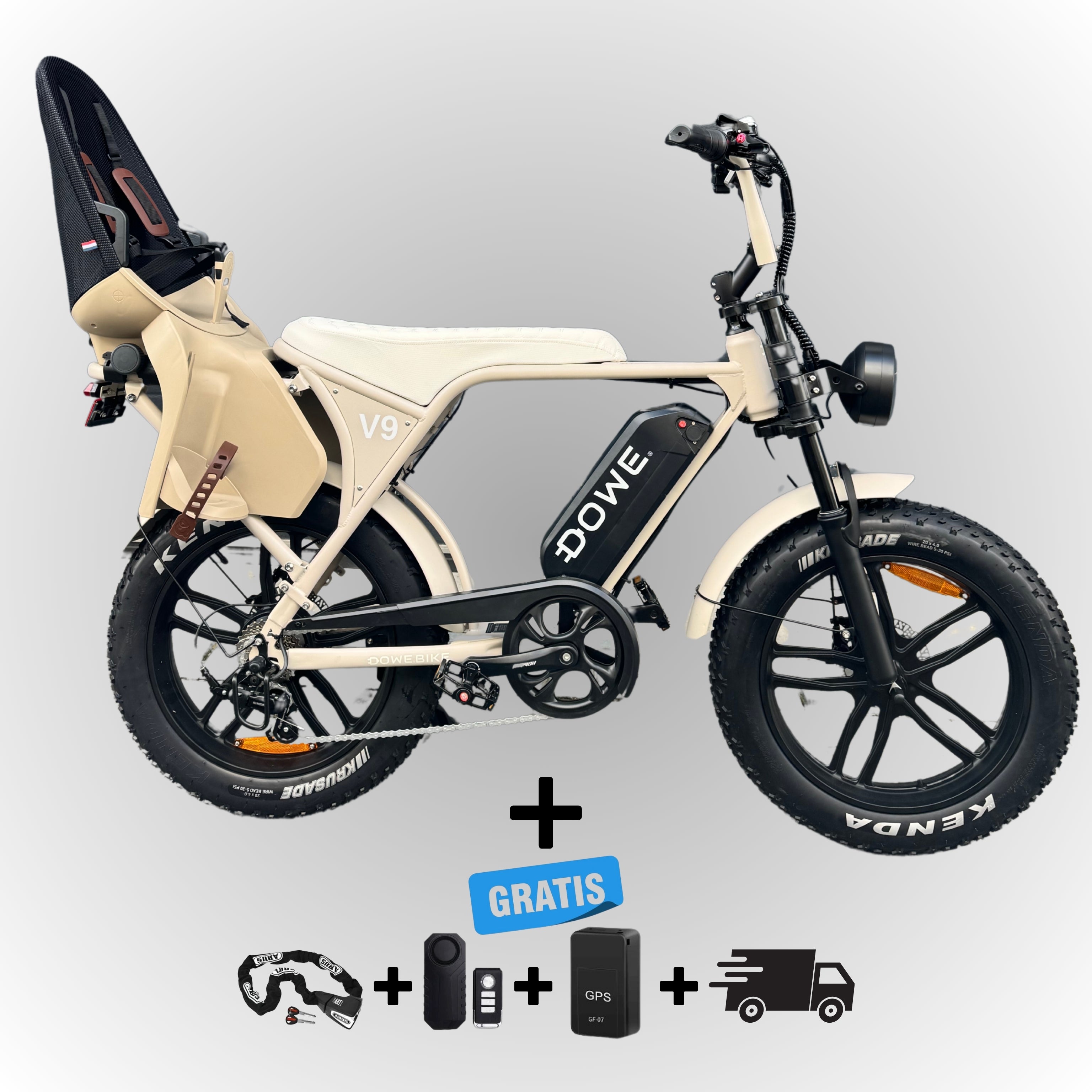 Dowe V9 Elektrische Fatbike met Kinderzitje Achter - Zand | Family Fatbike