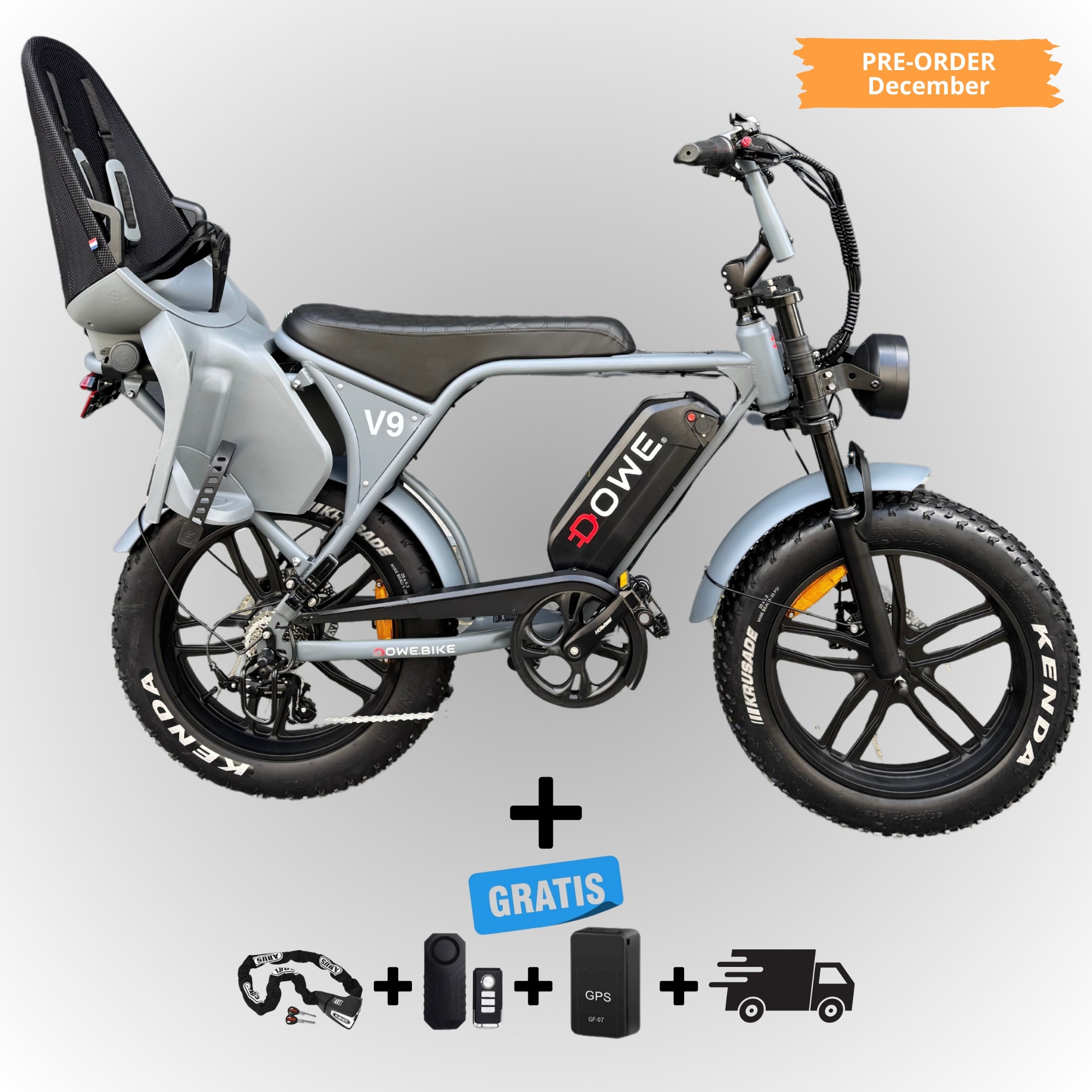 Dowe V9 Elektrische Fatbike met Kinderzitje Achter - Grijs | Family Fatbike