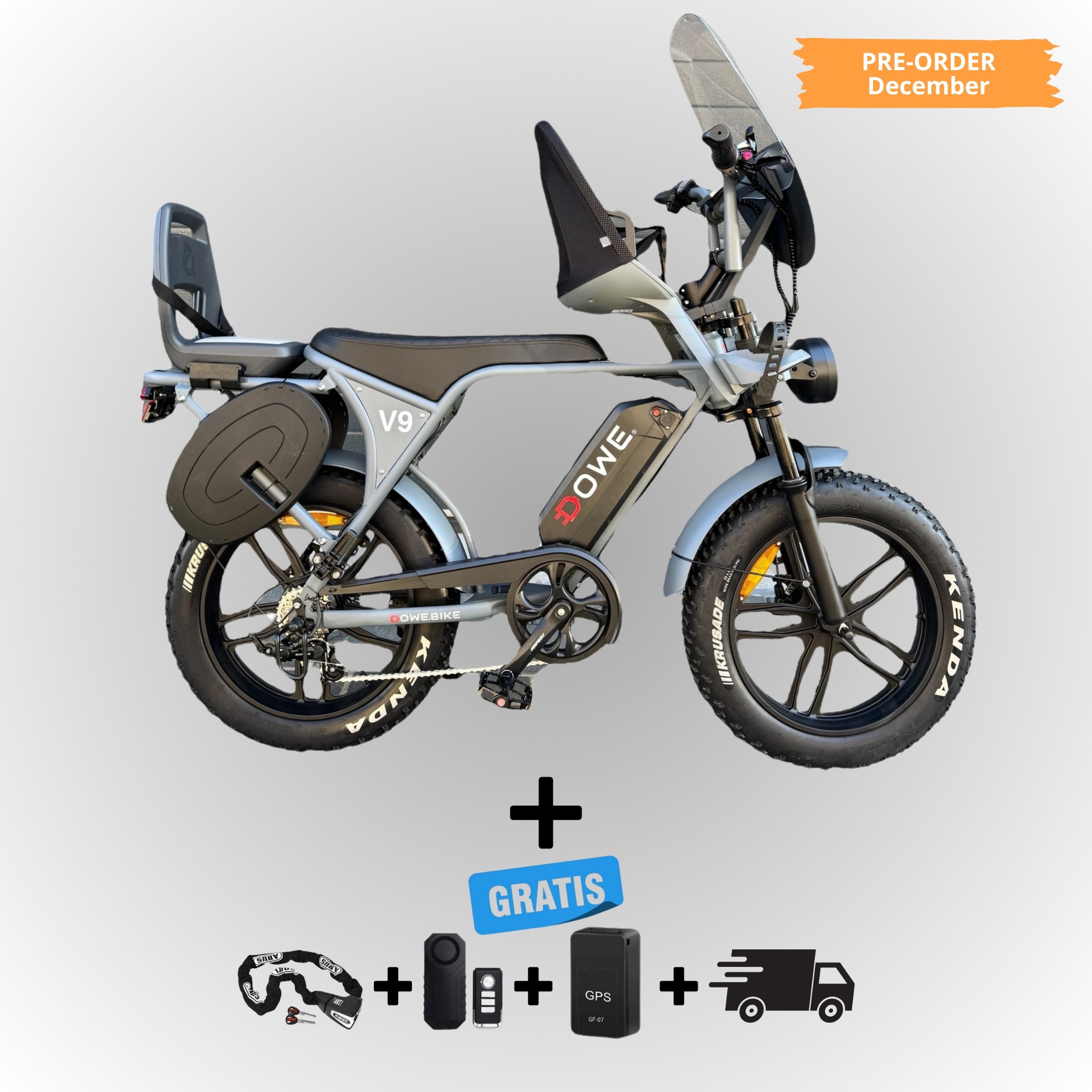 Dowe V9 Elektrische Fatbike met Kinderzitjes - Grijs