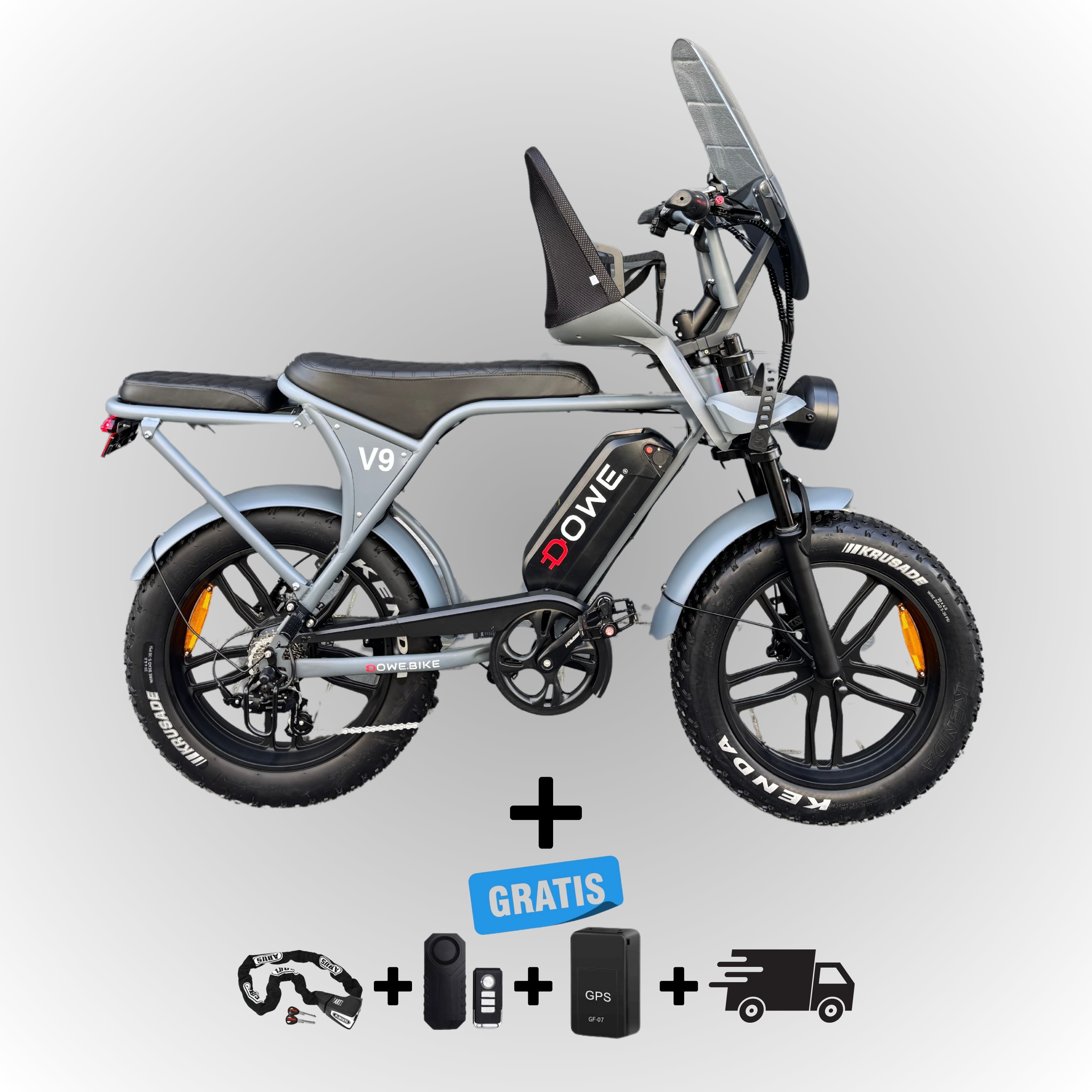 Elektrische fatbike 250W Dowe V9 grijs met kinderzitje voor