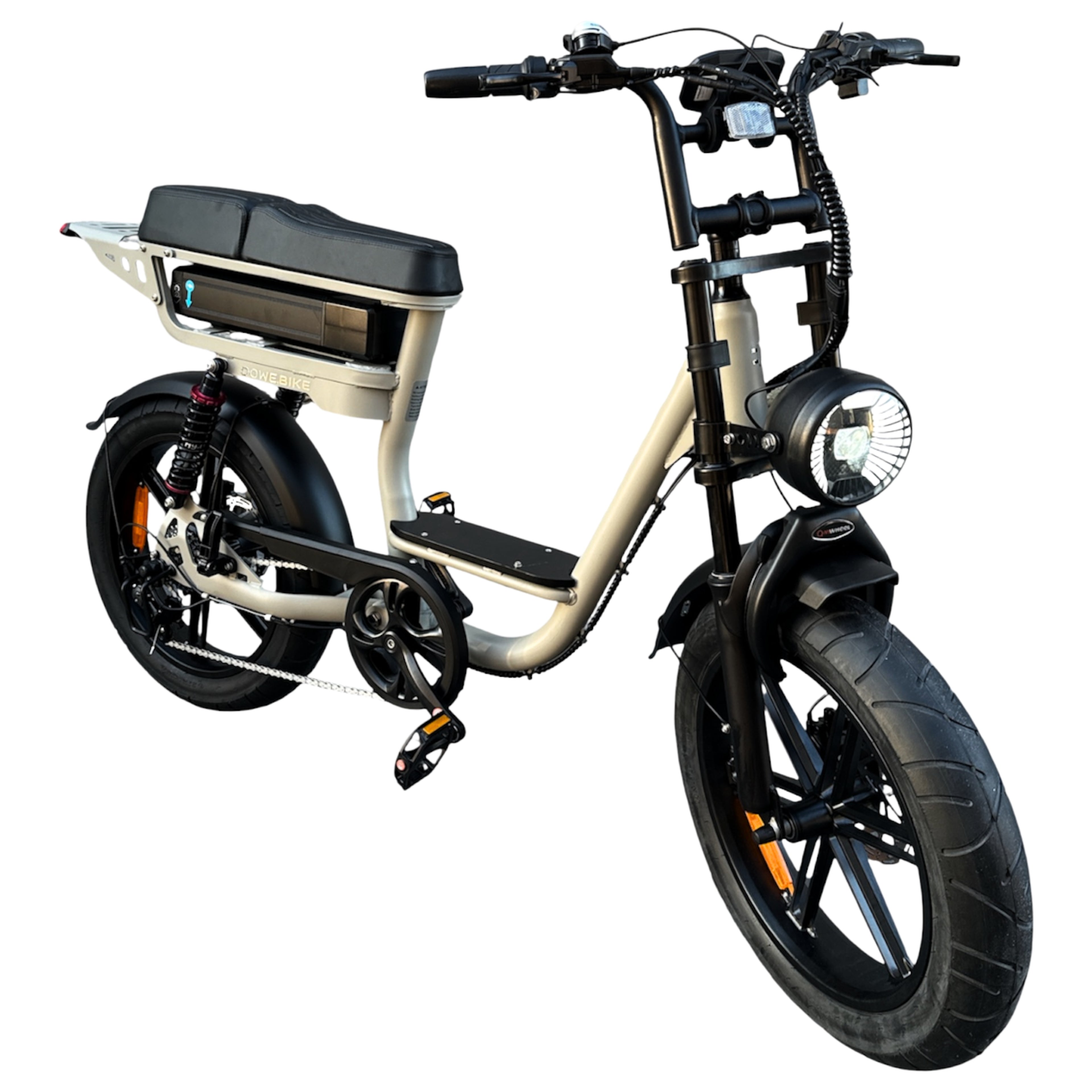 Dowe V20 Comfort beige zijaanzicht – lage instap fatbike met voorrek en voetsteuntjes, rijklaar geleverd