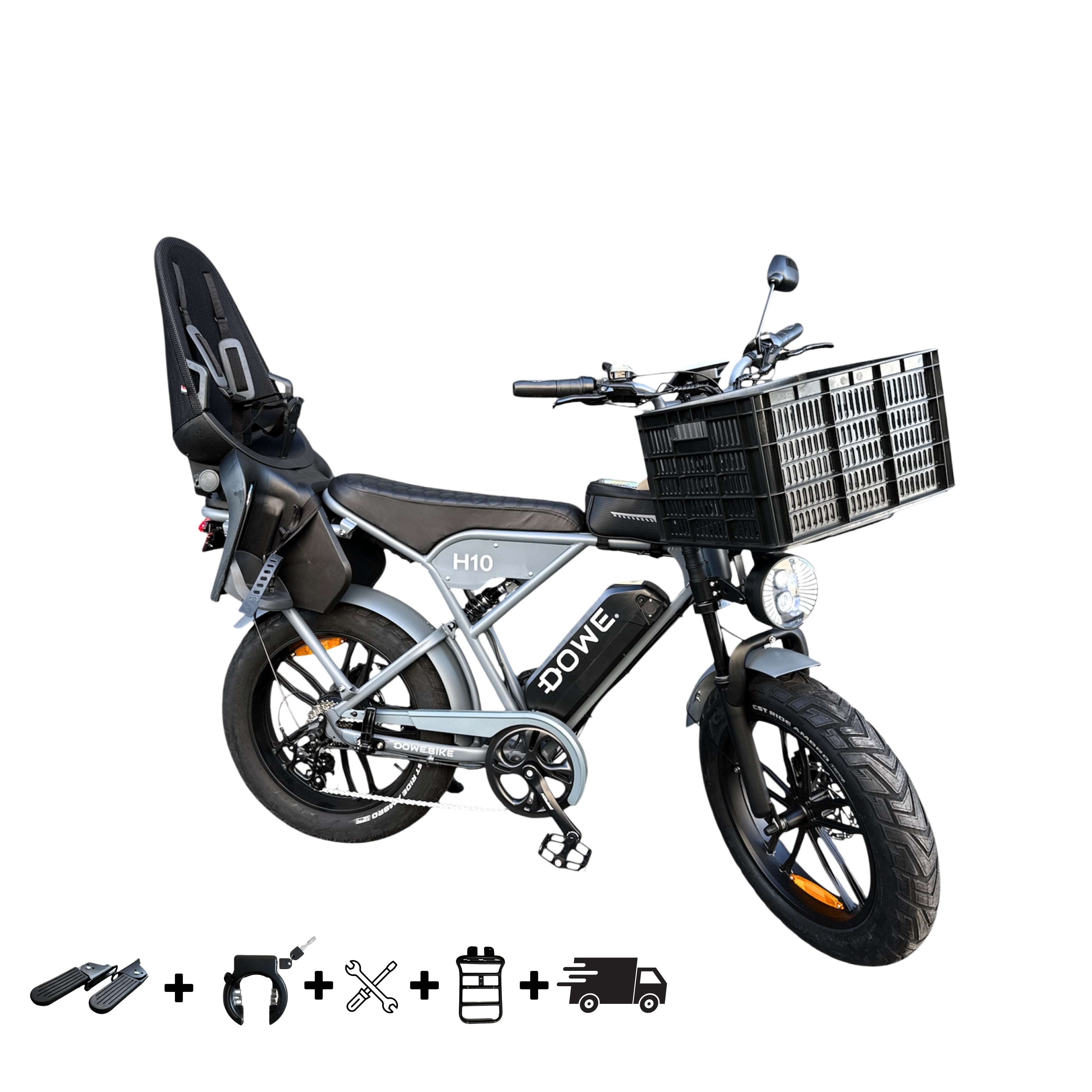 Elektrische Fatbike 250W met Kinderzitje + Krat – Dowe H10 Nardo Grijs