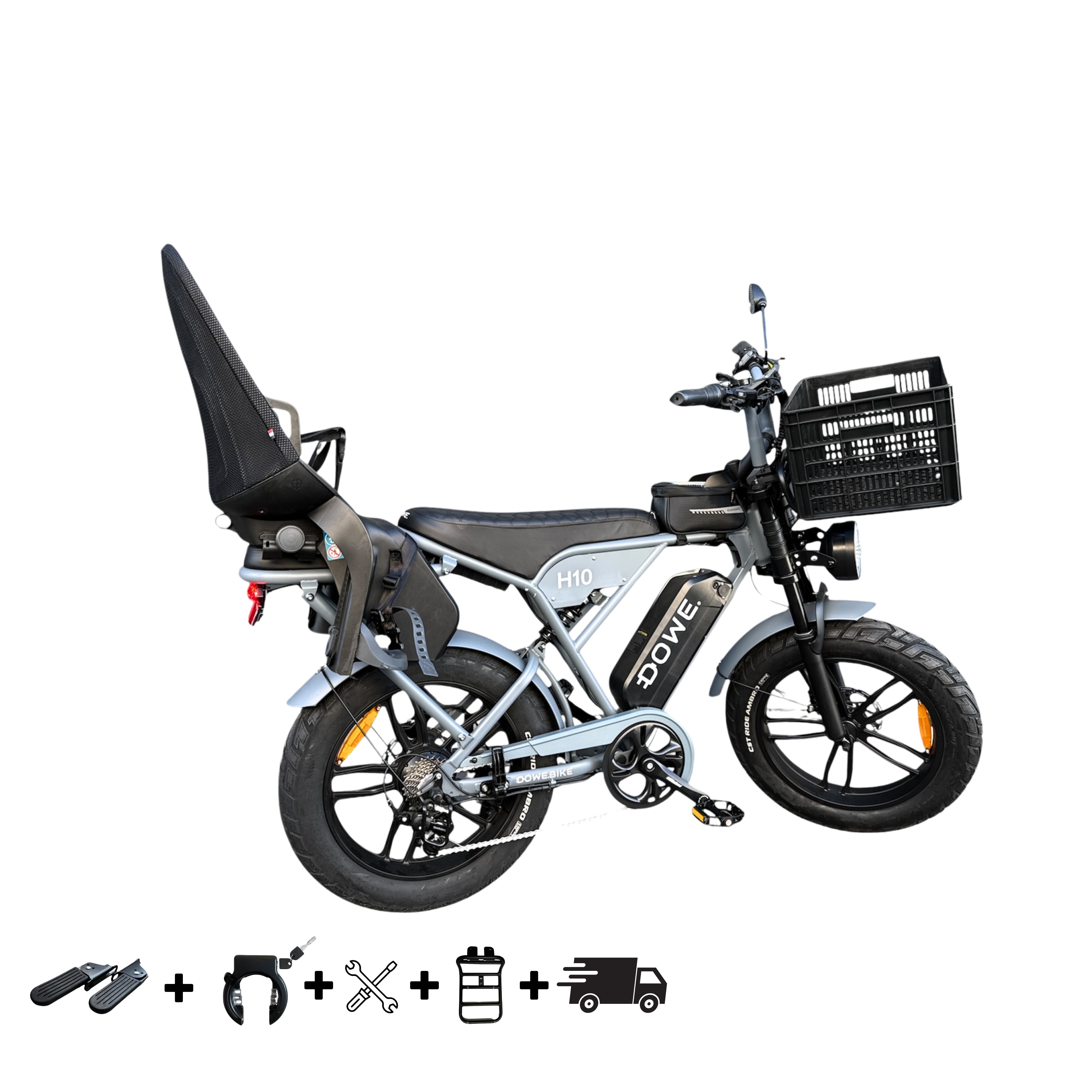 Elektrische Fatbike 250W met Kinderzitje + Krat – Dowe H10 Nardo Grijs
