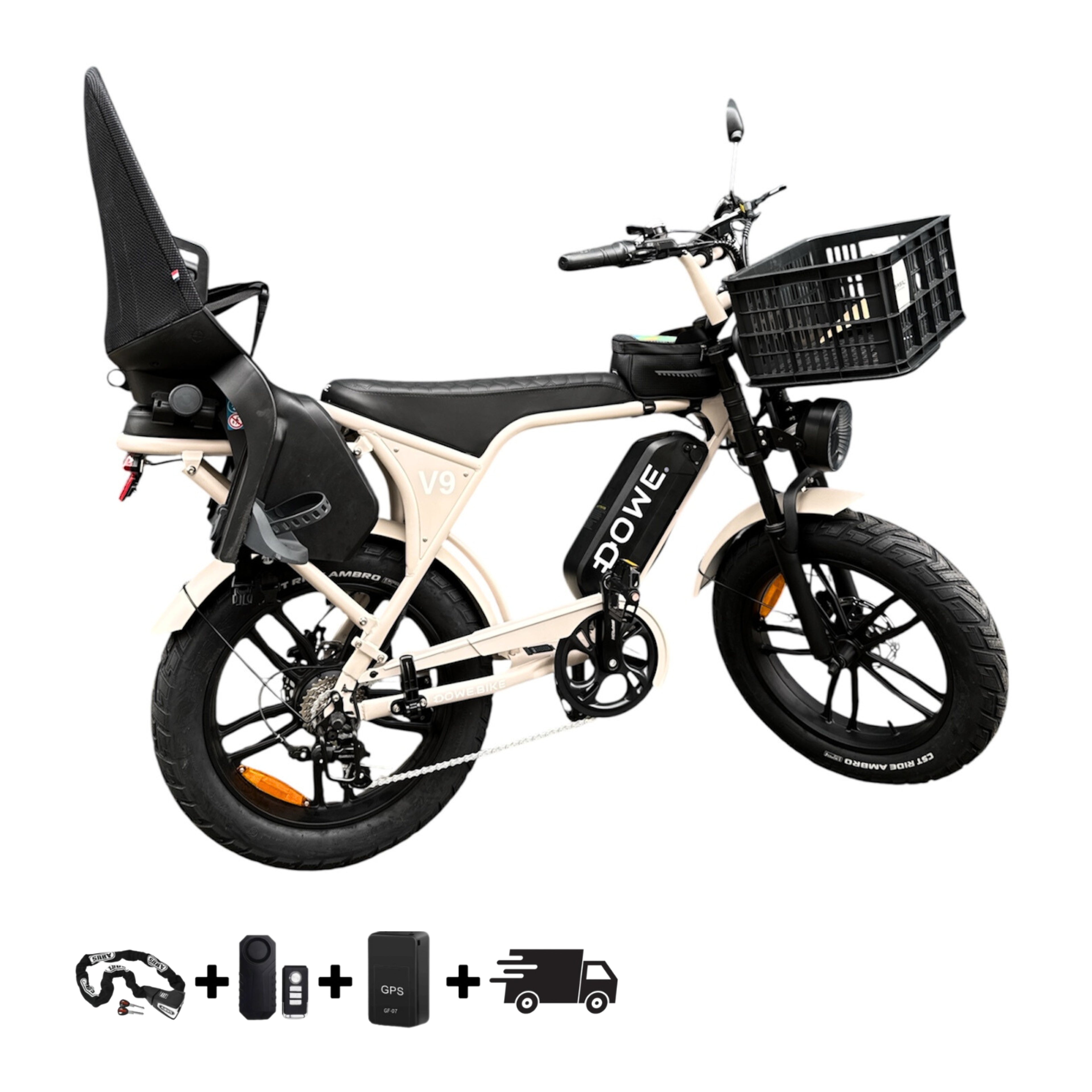 Elektrische Fatbike 250W met Kinderzitje + Krat – Dowe V9 Beige