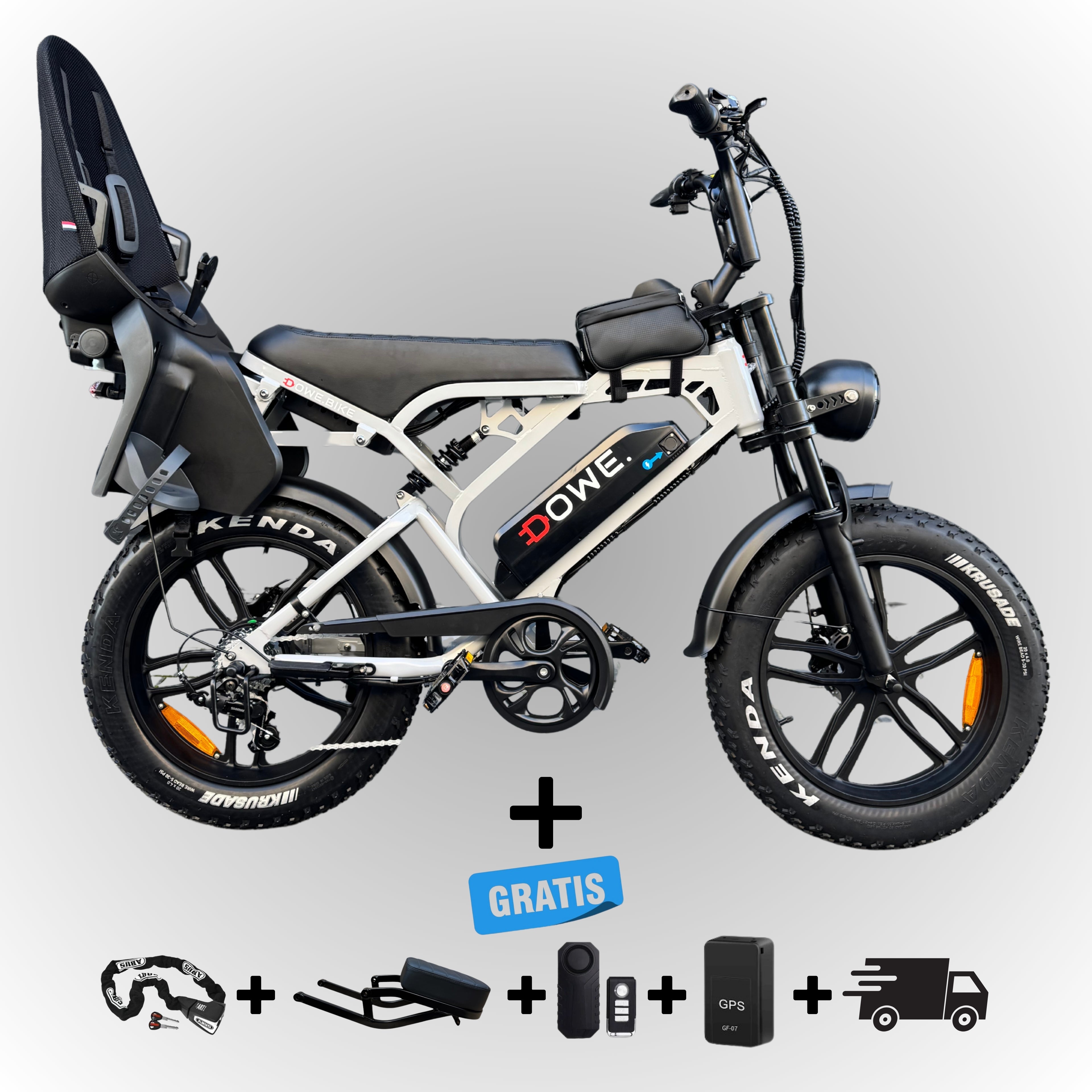 Fatbike V20 Pro 2025 met Kinderzitje achter – Nardo-Grijs, zwarte family fatbike, 250W motor, 25 km/h, Dowe.bike