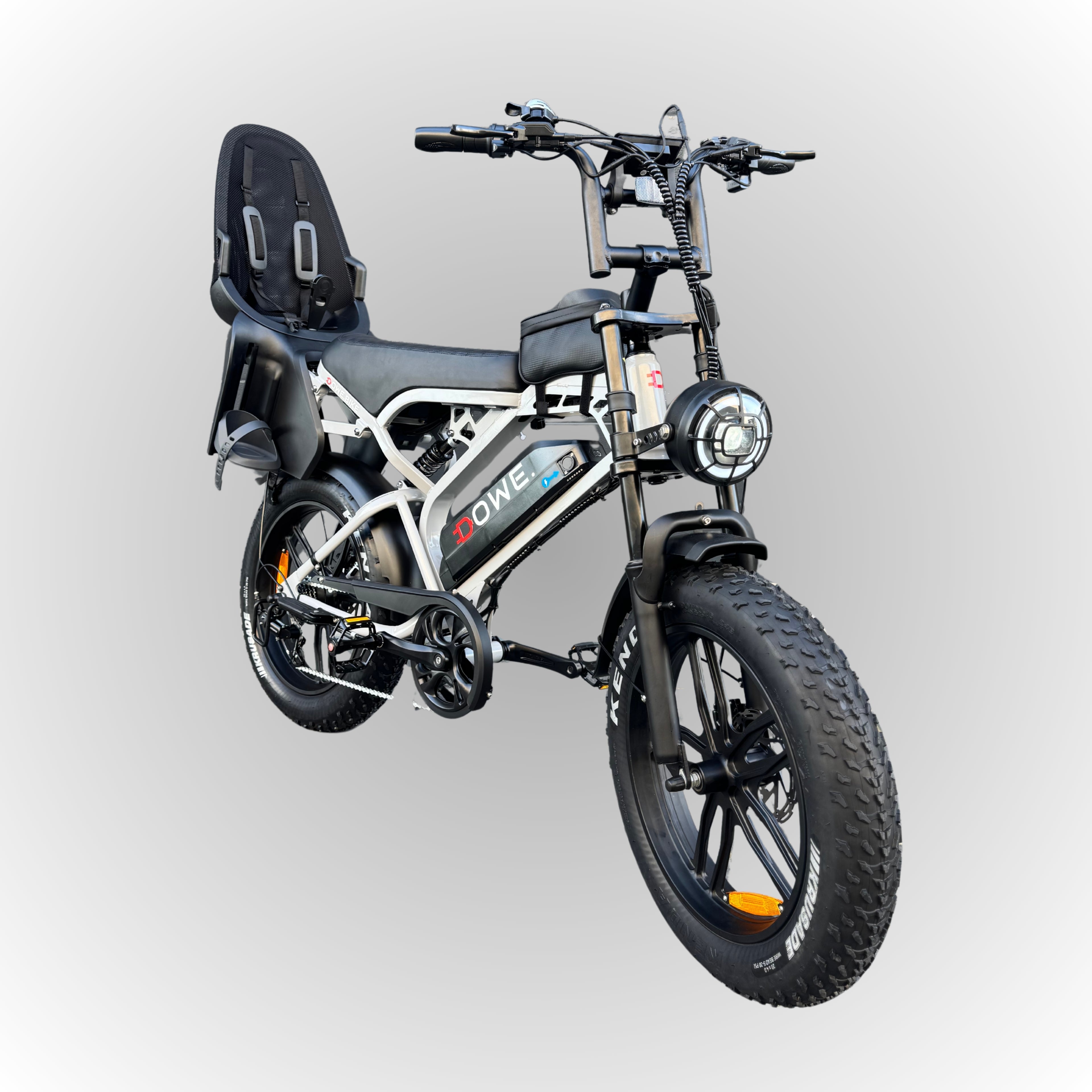 Fatbike V20 Pro 2025 met Kinderzitje achter – Nardo-Grijs, zwarte family fatbike, 250W motor, 25 km/h, Dowe.bike