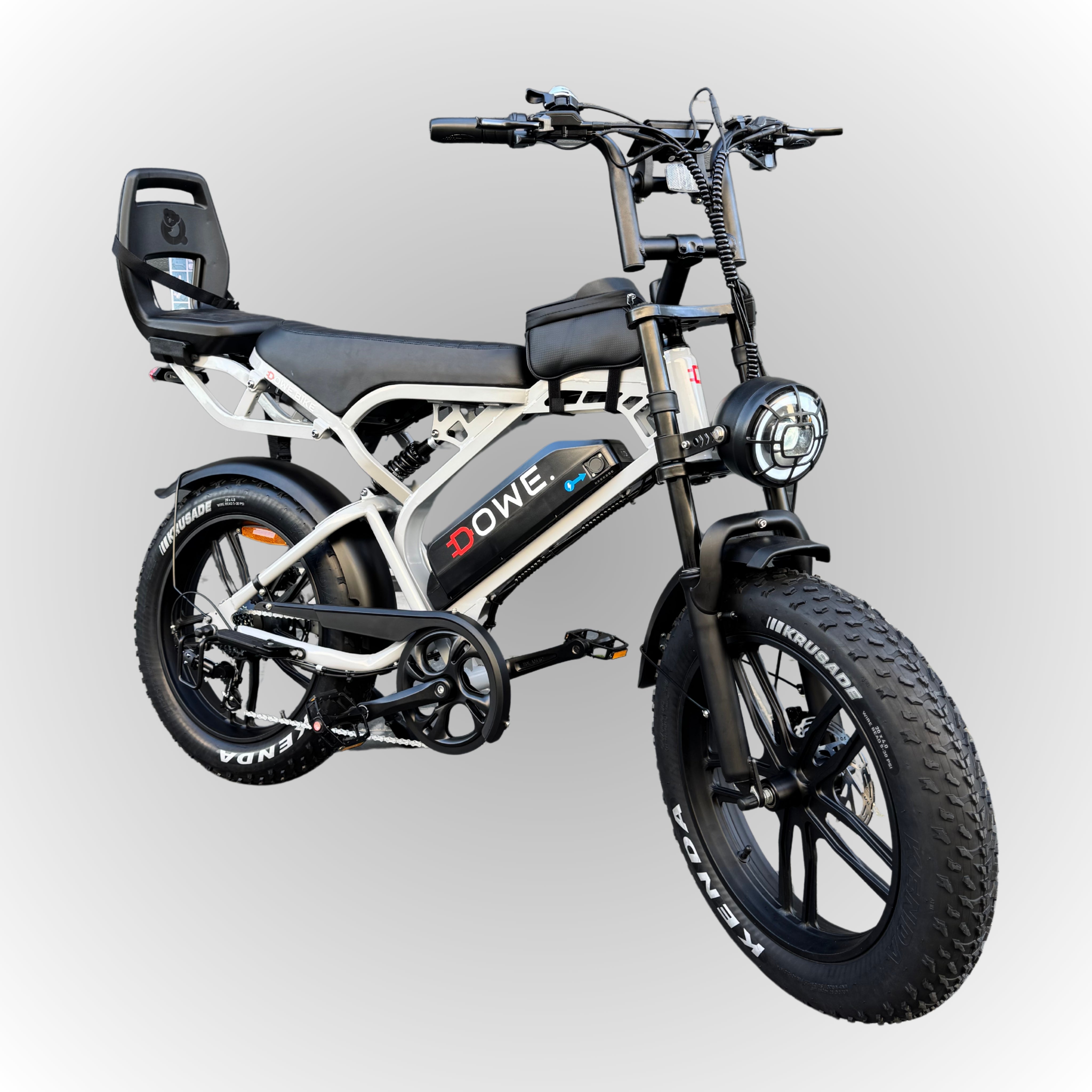 Fatbike V20 Pro 2025 met Kinderzitje Junior 6+ – Nardo-Grijs, zwarte family fatbike, 250W motor, 25 km/h, Dowe.bike