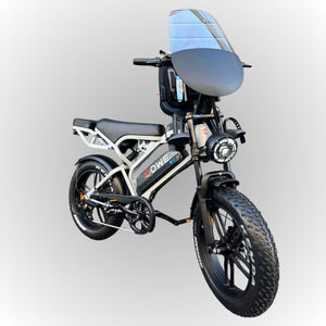 Fatbike V20 Pro 2025 met Kinderzitje – Nardo-Grijs, zwarte family fatbike, 250W motor, 25 km/h, Dowe.bike