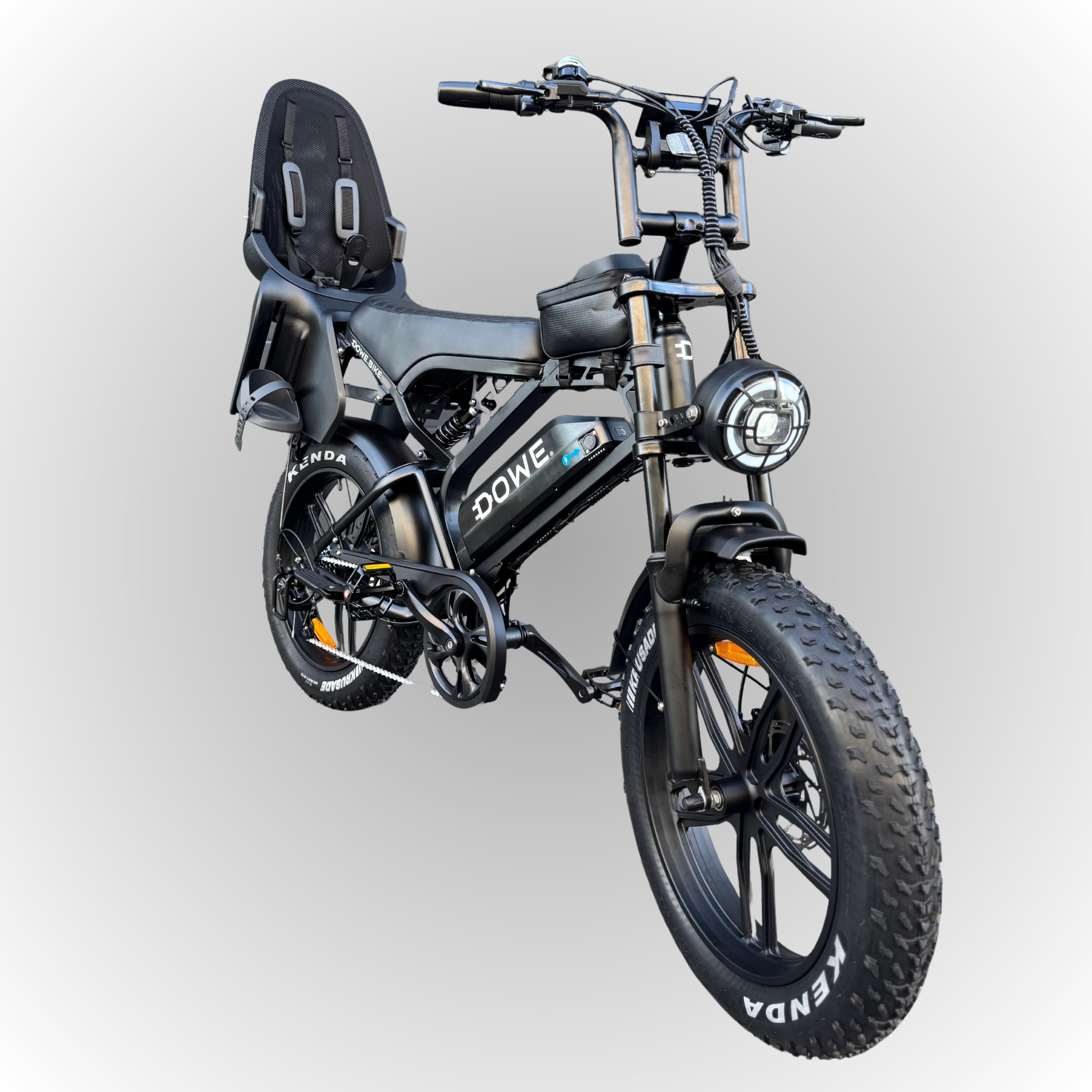 Fatbike V20 Pro 2025 met achterzitje – zwarte family fatbike 250W motor, 25 km/h, Dowe.bike