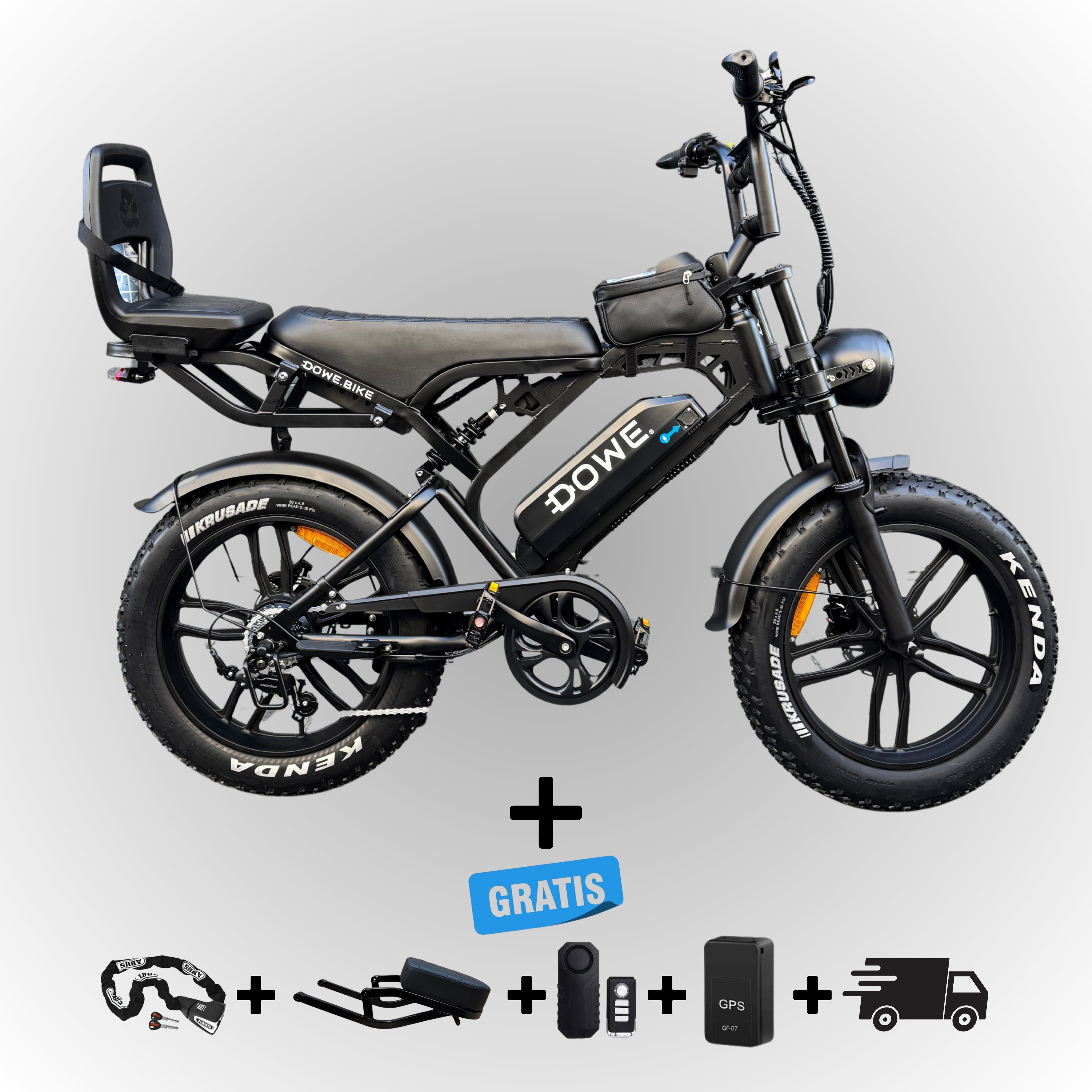 Fatbike V20 Pro 2025 met Kinderzitje Junior 6+ – zwarte family fatbike 250W motor, 25 km/h, Dowe.bike