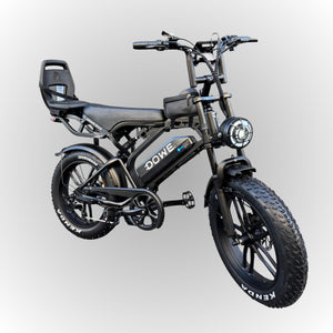 Fatbike V20 Pro 2025 met Kinderzitje Junior 6+ – zwarte family fatbike 250W motor, 25 km/h, Dowe.bike
