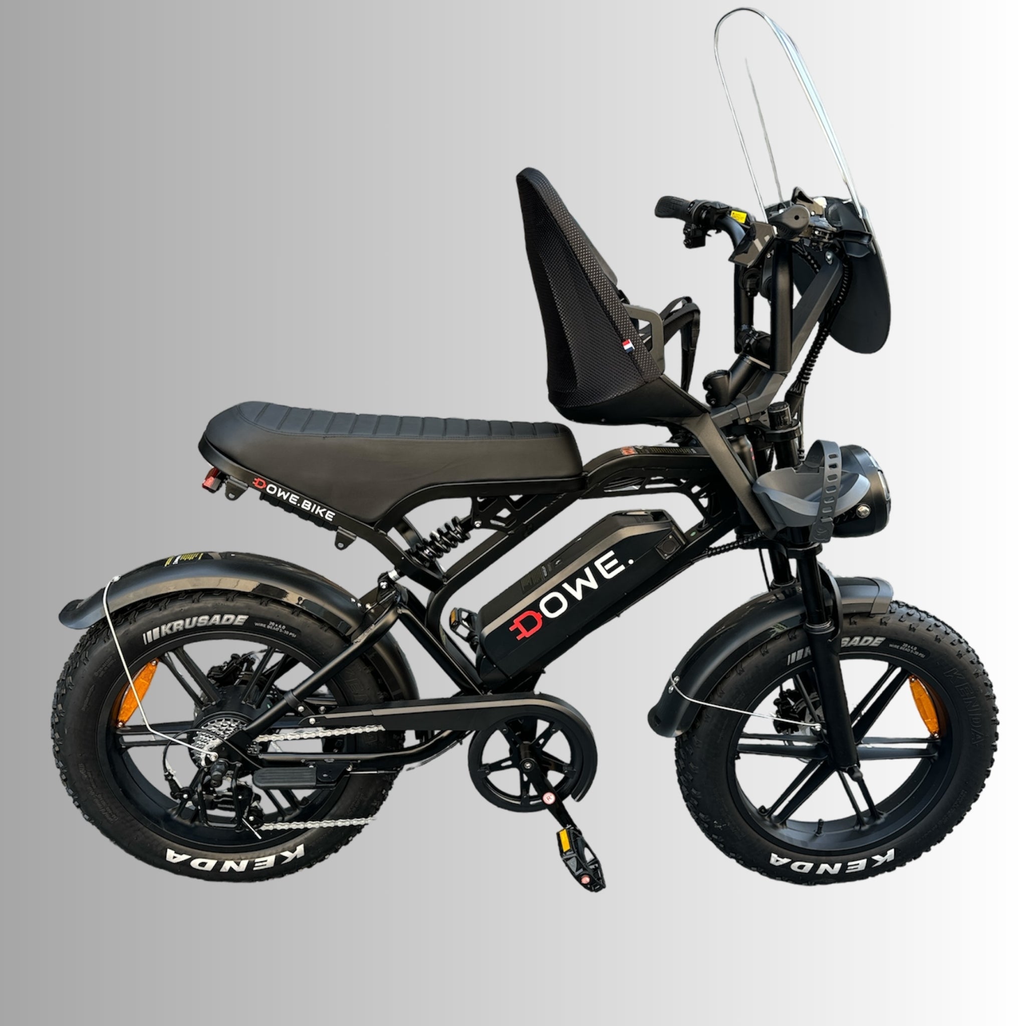 Fatbike V20 Pro 2025 met kinderzitje – elektrische family fatbike 250W legaal, matzwart, Dowe.bike