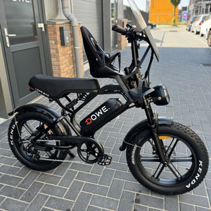 Fatbike V20 Pro 2025 met kinderzitje – elektrische family fatbike 250W legaal, matzwart, Dowe.bike