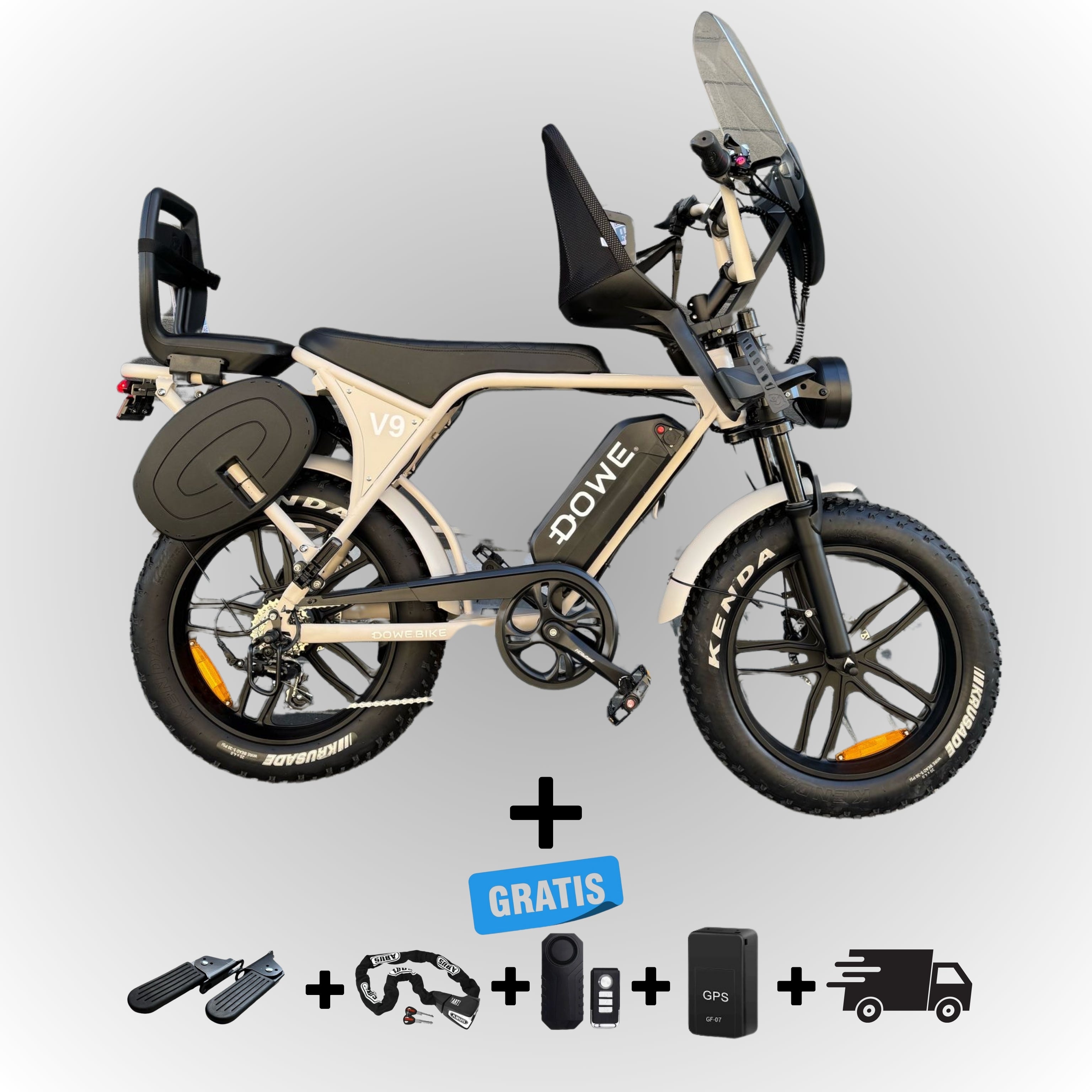Dowe V9 Elektrische Fatbike met Kinderzitjes - Zand | Maximaal Uitgerust | PRE-ORDER