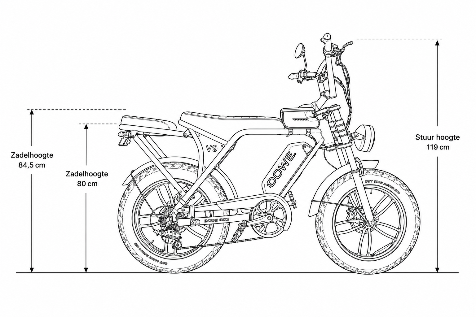 Dowe V9 afmetingen en zadelhoogte elektrische fatbike