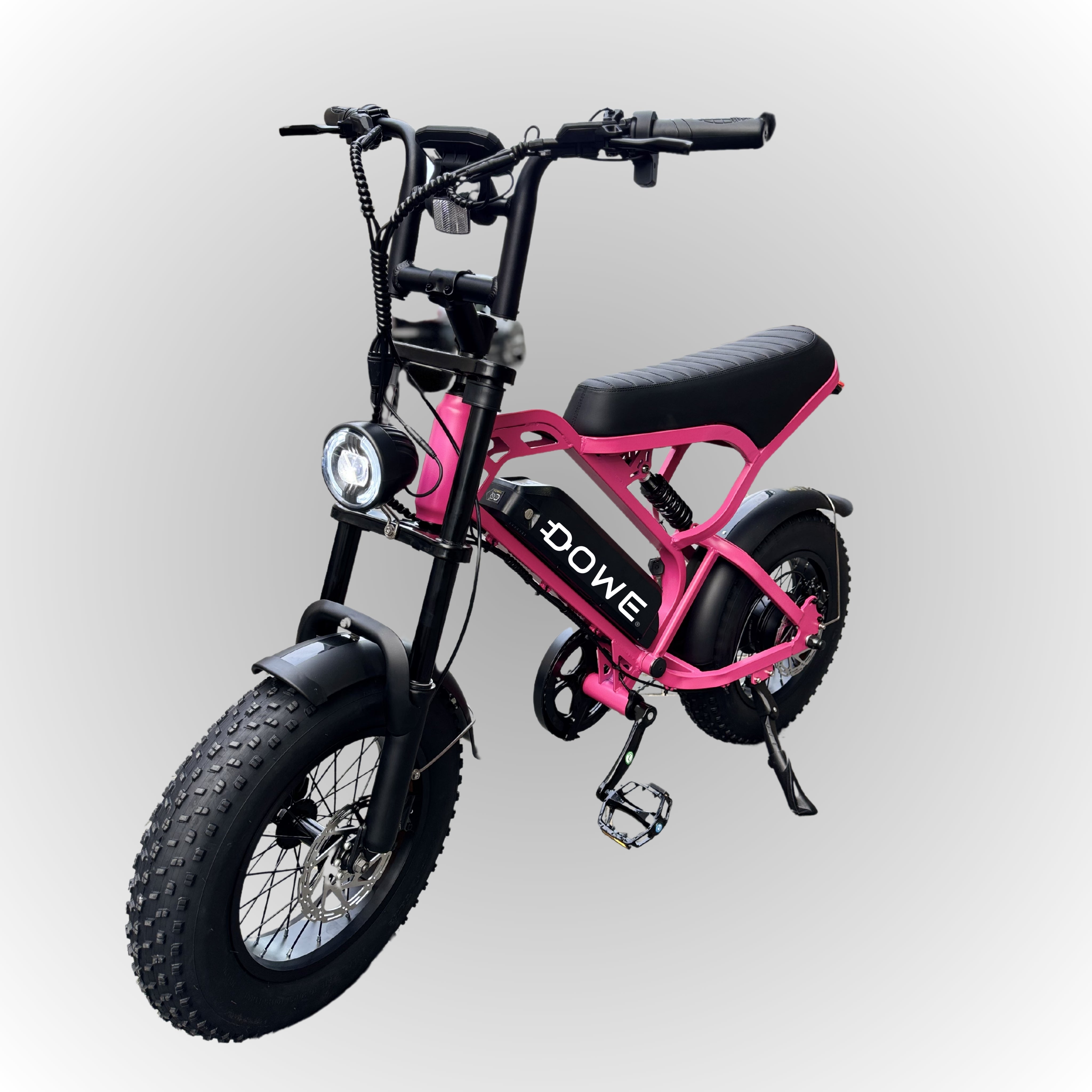 Dowe V20 Pro Mini Fatbike in roze, compacte elektrische fatbike met 16x4.0 inch banden en 250W motor