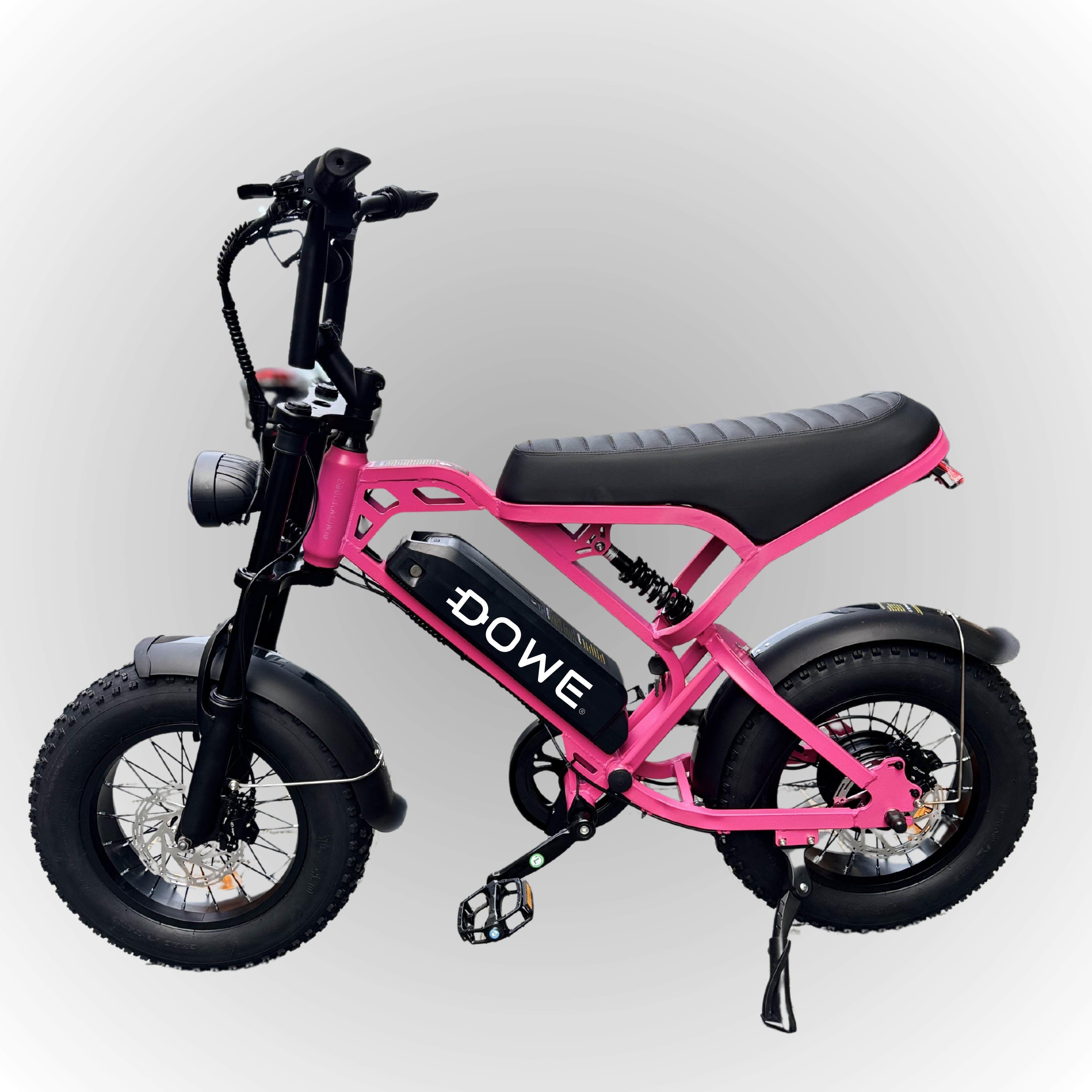 Dowe V20 Pro Mini Fatbike in roze, compacte elektrische fatbike met 16x4.0 inch banden en 250W motor