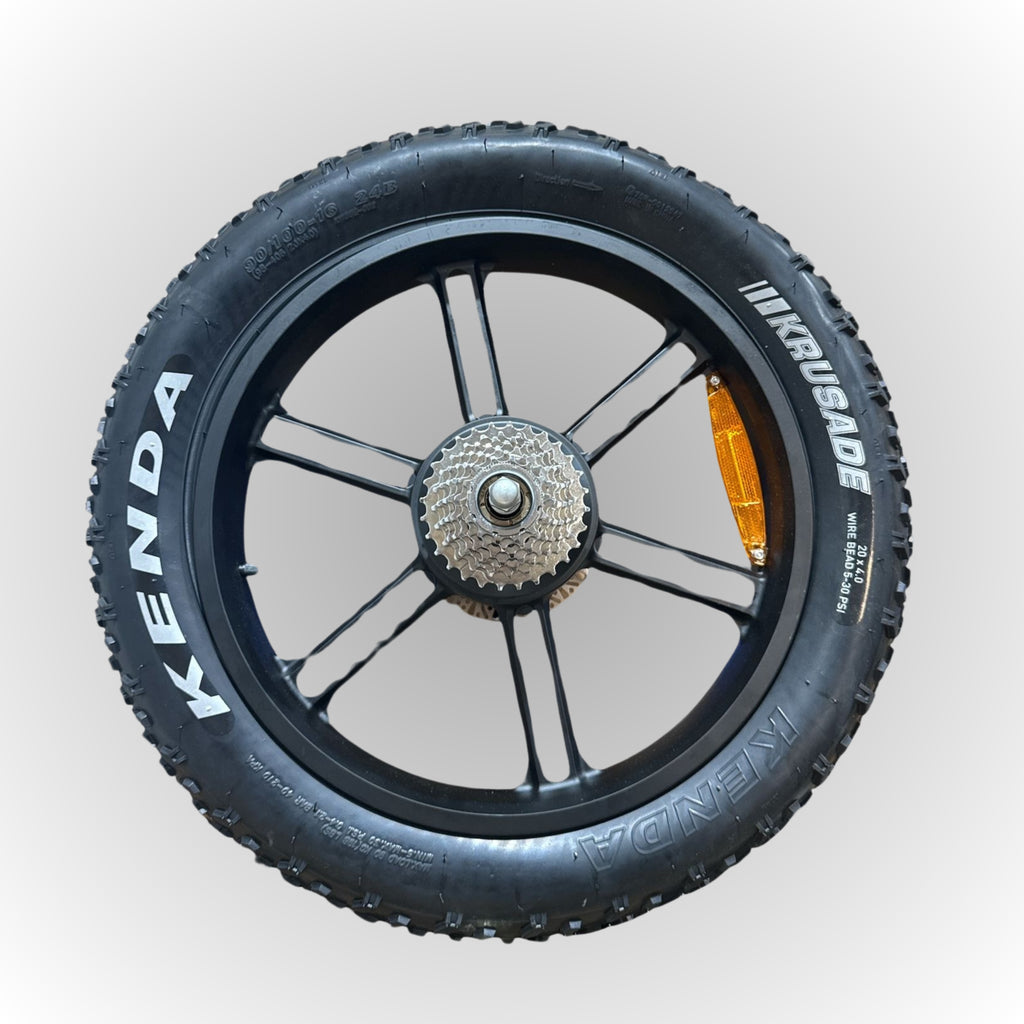 Complete achtervelg voor fatbike, 20 inch x 4.0, inclusief cassette, remschijf, en Kenda binnen- en buitenband, geschikt voor Ouxi V8 en Ouxi H9