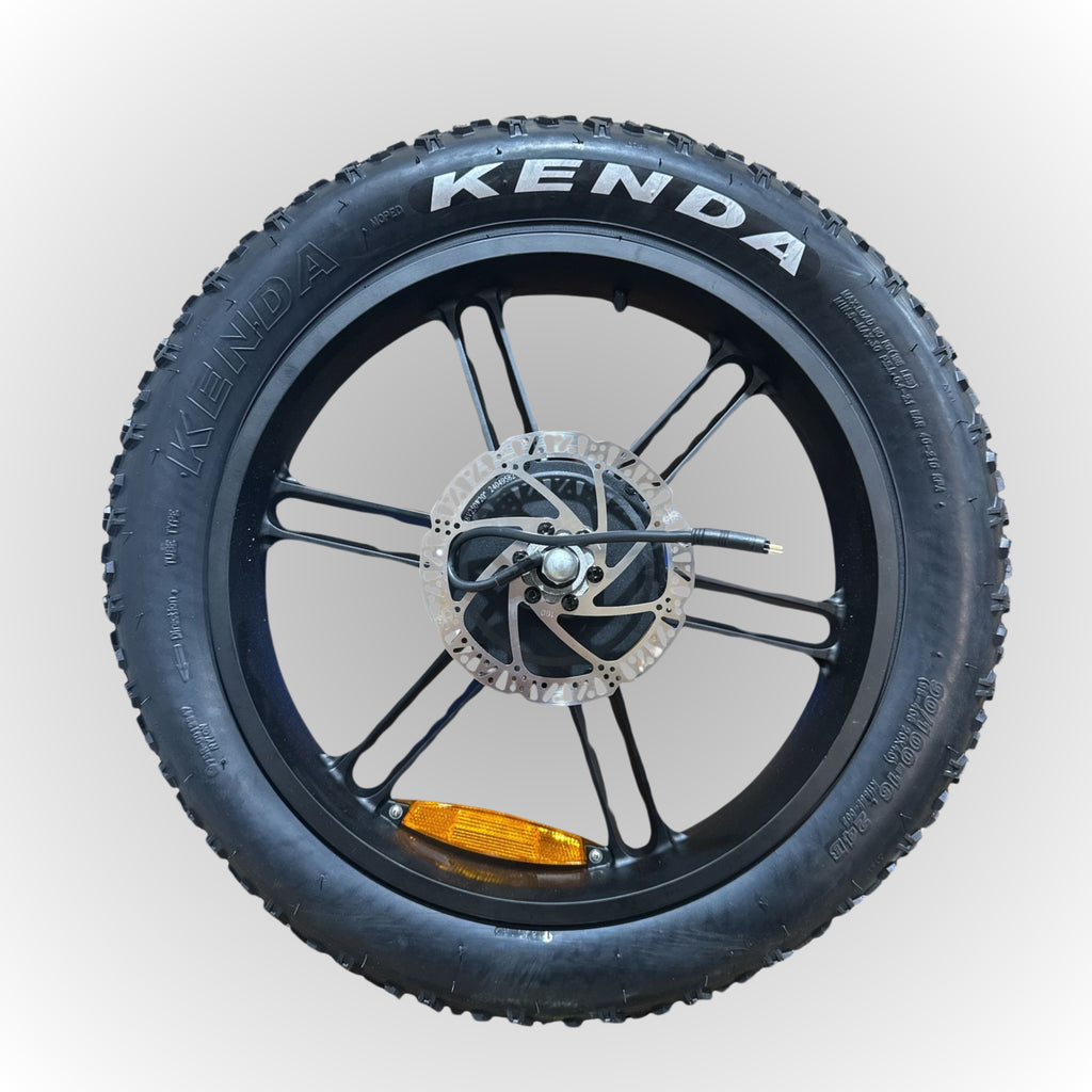 Complete achtervelg voor fatbike, 20 inch x 4.0, inclusief cassette, remschijf, en Kenda binnen- en buitenband, geschikt voor Ouxi V8 en Ouxi H9